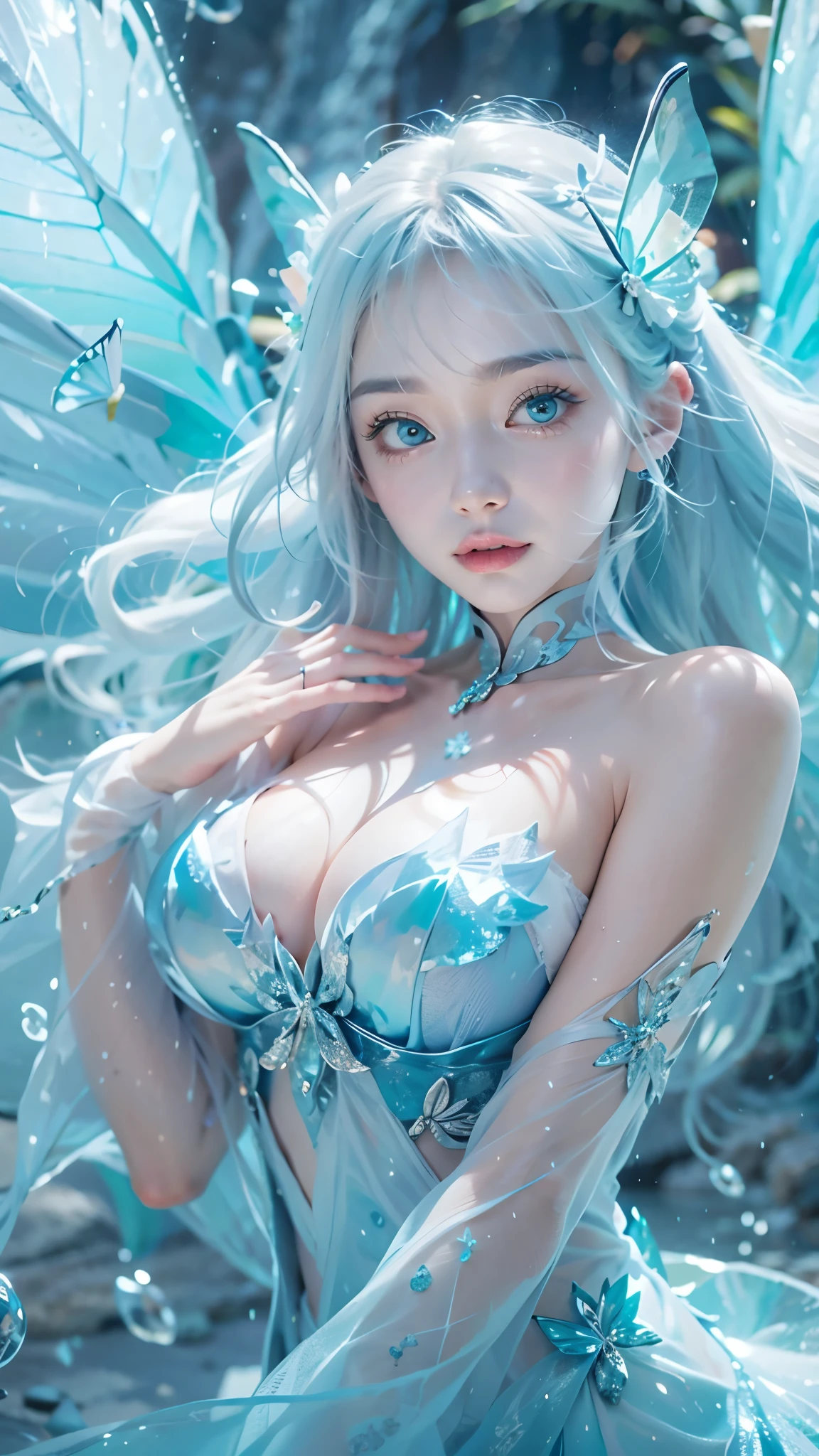 Frost Goddess,Frozen fluid,Ice World,ice,1girl,Translucent clothing,air bubble,blue butterfly,blue eyes,blue nails,breasts,Positive, character on the right, upper body, above knee level,Dynamic pose,bubble,Blue butterfly wings,butterfly wings,crystal,dress,glowing butterfly,long hair,looking at viewer,medium breasts,parted lips,solo,water
