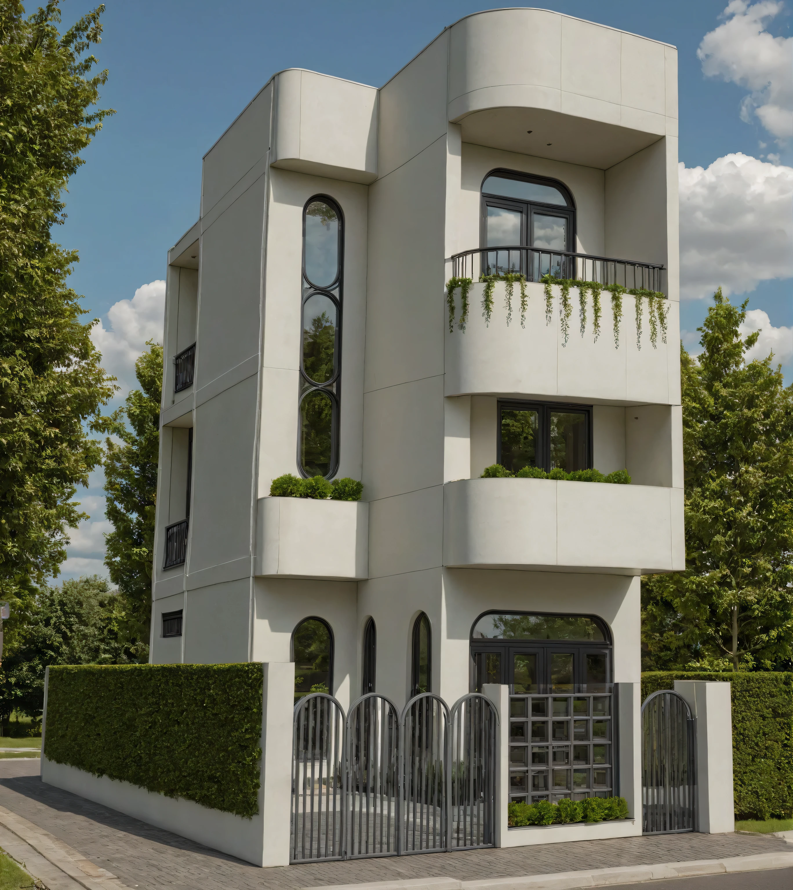 Raw photo,Masterpiece, high quality, best quality, authentic, super detail,
exterior, outdoors, house style modern on the street, glass windows, gate, road,pavement, trees, sky, cloud, (daylight:1.1)