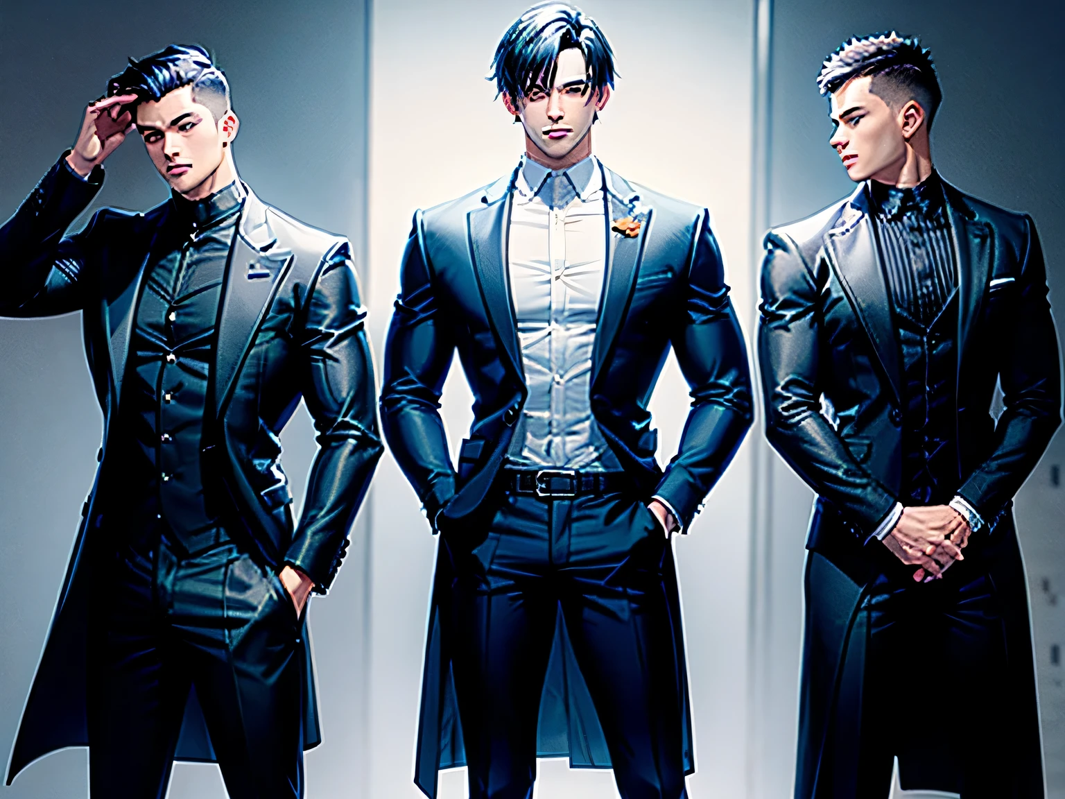 Three guys all with short dark blue hair, sharp orange eyes, muscular bodies and are all wearing black coats.