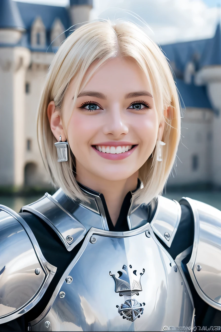 highest quality、8k、female knight、The background is a castle、Luxurious Silver Armor、hairstyle short cut、smile、beautiful teeth、full body photo、ear piercing、white woman、blonde hair、blue eyes、Gummy Smile、The background is a cloudy sky、heavy makeup、mouth half open、Knight helmet covering the head