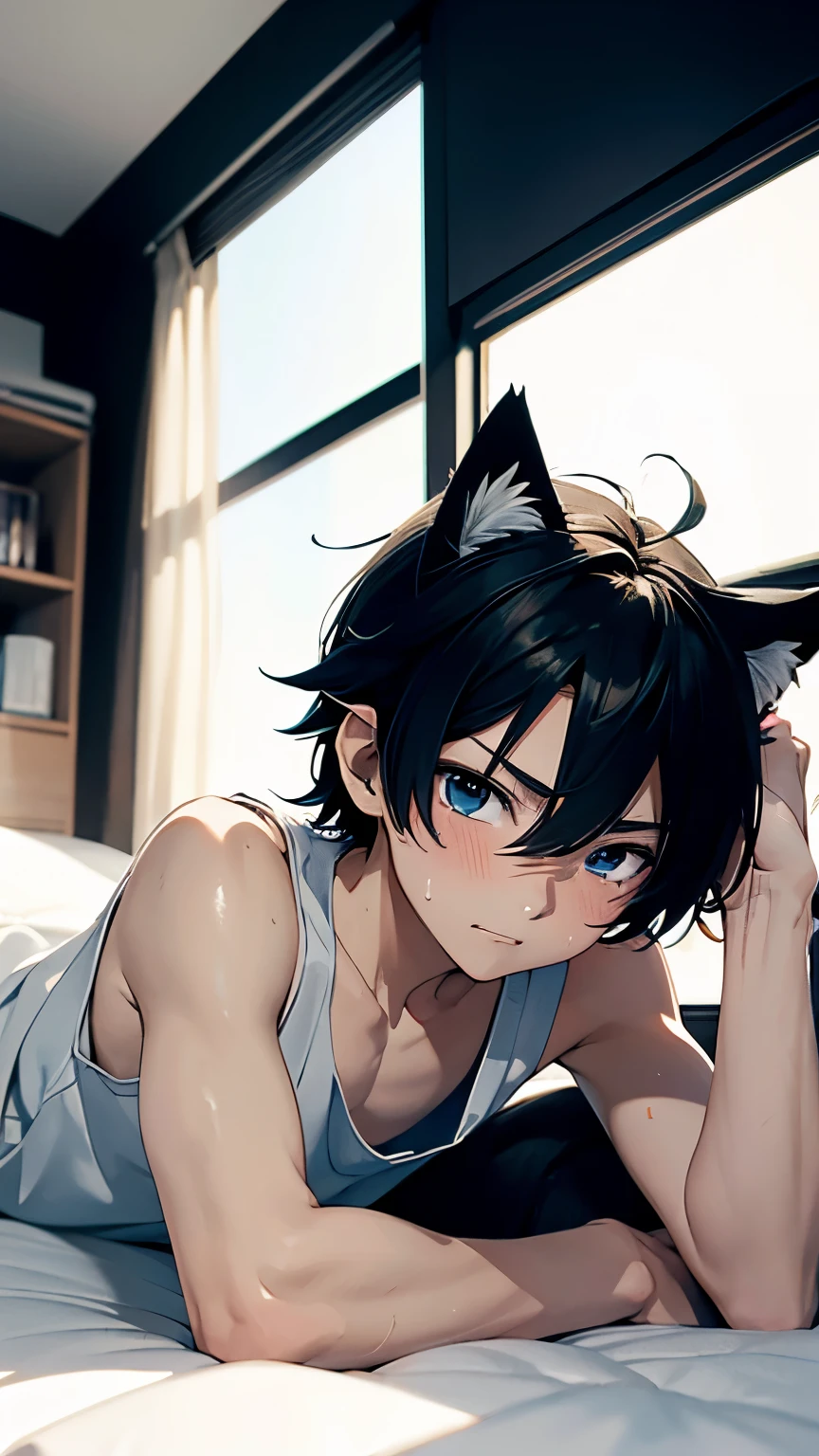 (masterpiece, 2D anime style, more detail, ultra detail), (1boy, ****), cat ear, tank top, chiseled abs, chiseled pecs, bed, lying on the bed, hands up, blushing, sweating, panting, scared