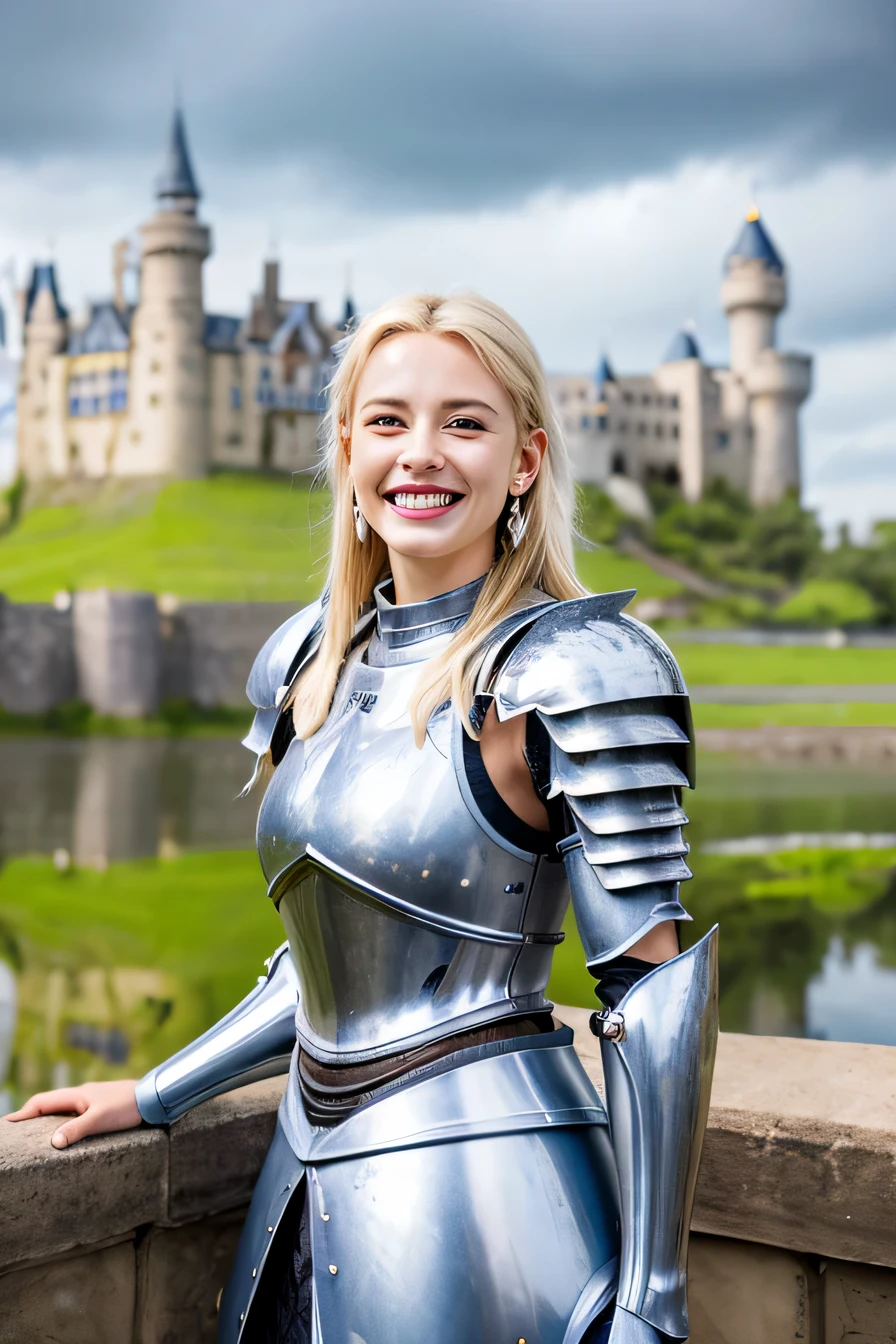 highest quality、８ｋ、female knight、The background is a castle、Luxurious Silver Armor、smile、beautiful teeth、full body photo、ear piercing、white woman、blonde hair、blue eyes、Gummy Smile、The background is a cloudy sky、heavy makeup、mouth half open