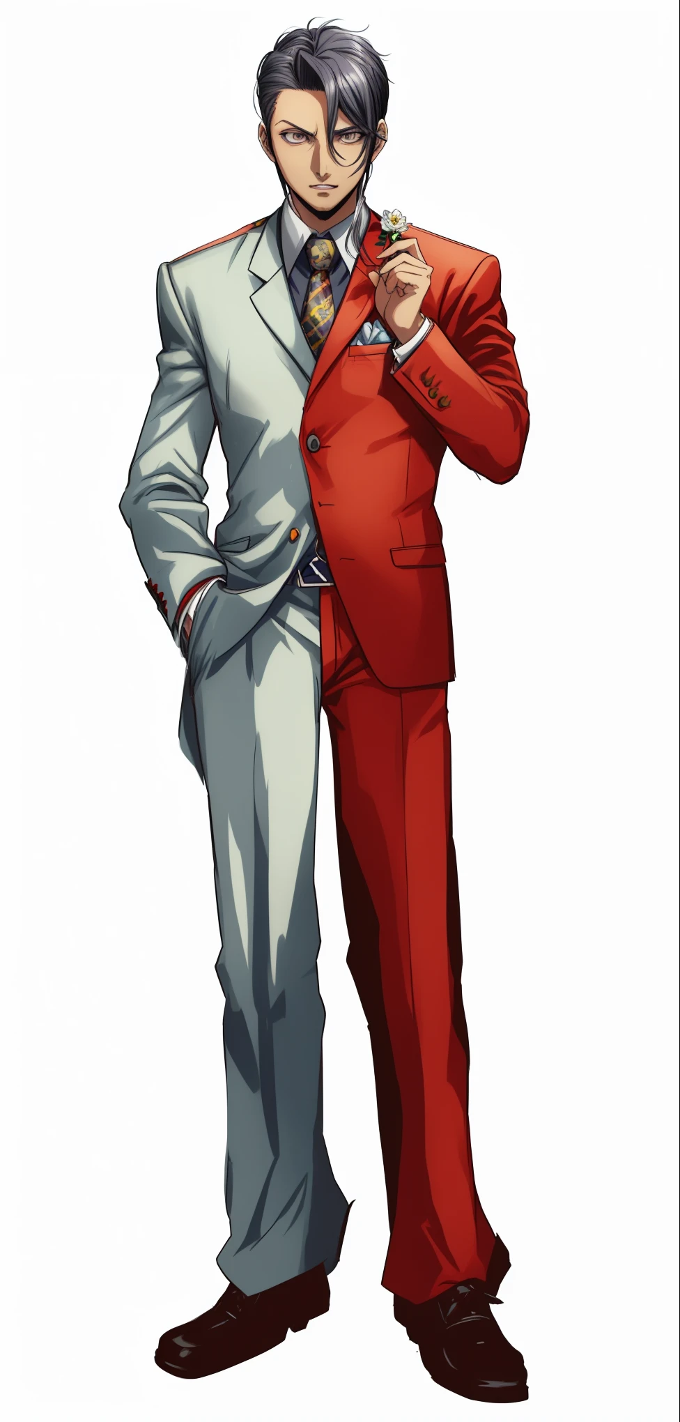 a close up of a person in a suit and tie, digital art from danganronpa, marton gyula kiss ( kimagu ), king of fighters style, character from king of fighters, akihiko yoshida!, phoenix wright, no more heroes concept art, fujita goro and jones, snk, in phoenix wright ace attorney, ace attorney style