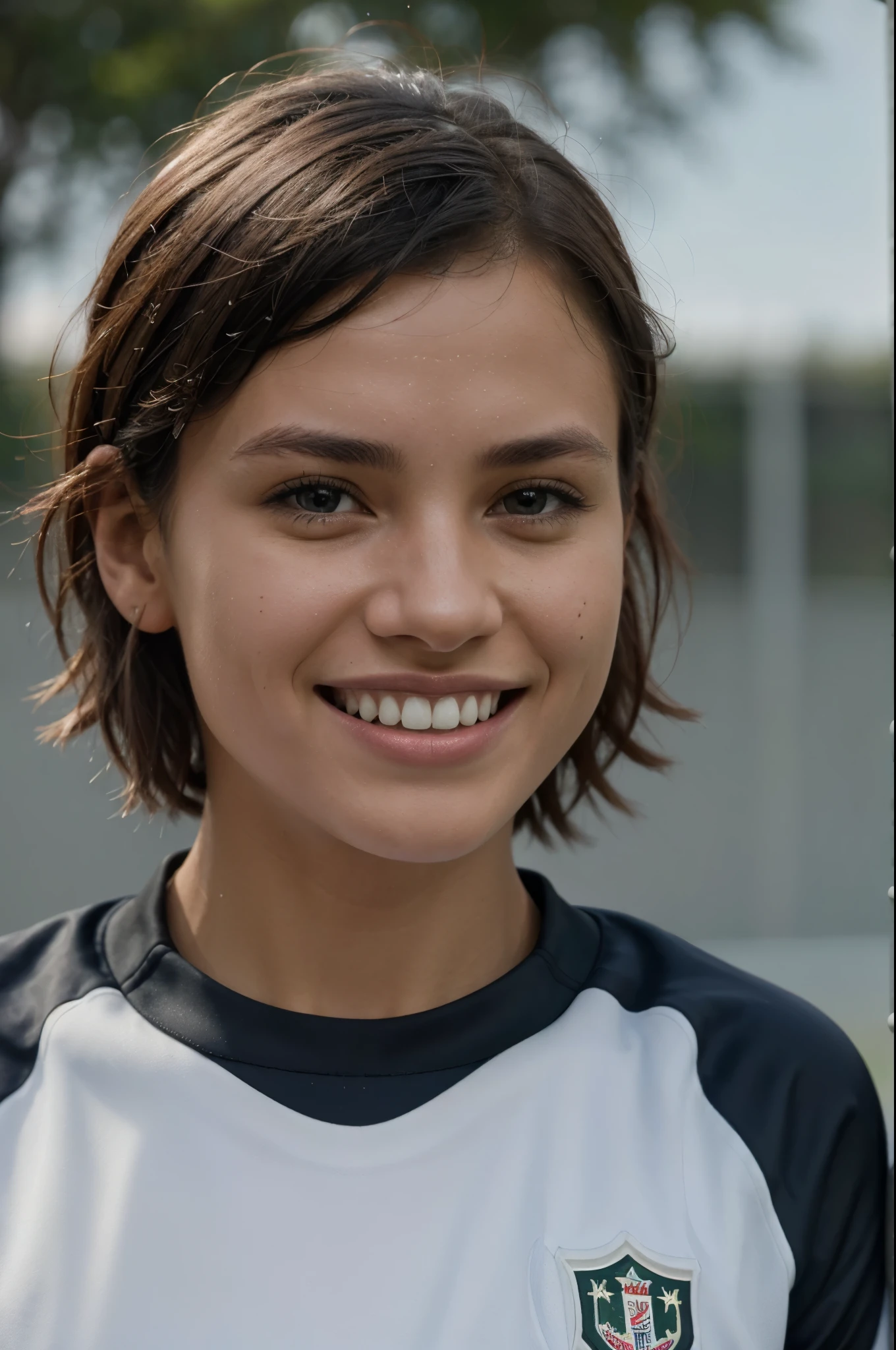 (grey background:1.5, close shot:1), (photorealistic:1.4), (best quality:1.0), (ultra highres:1.0), 8k, RAW photo, (masterpiece:0.2), 1girl, beautiful skin, detailed skin, big smile, teeth, (short hair:1), (soccer uniform:1.2)