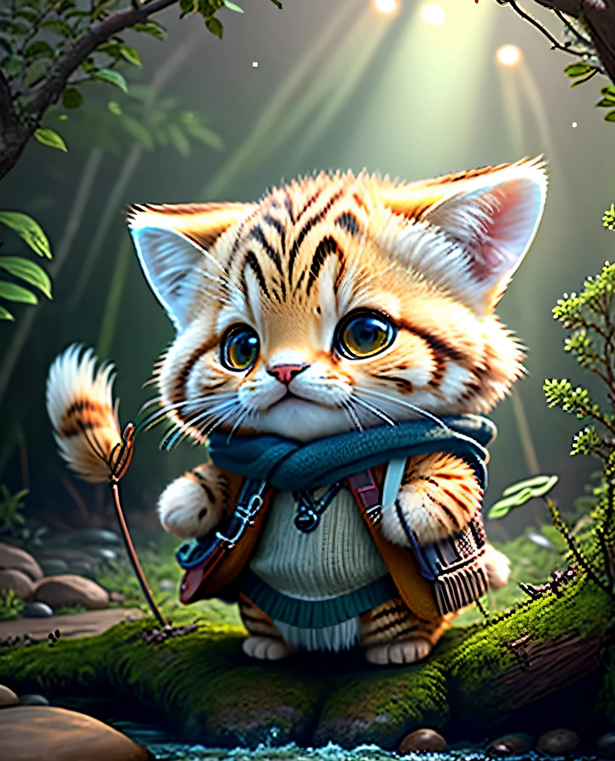 best image quality、"cute生き物の傑作を作成しましょう. One、Sand Cat Character、(The place is a forest), high detail, In 8K、best image quality、Disguised as an adventurer、With shuriken in hand、medieval adventurer costume、(((cute)))、