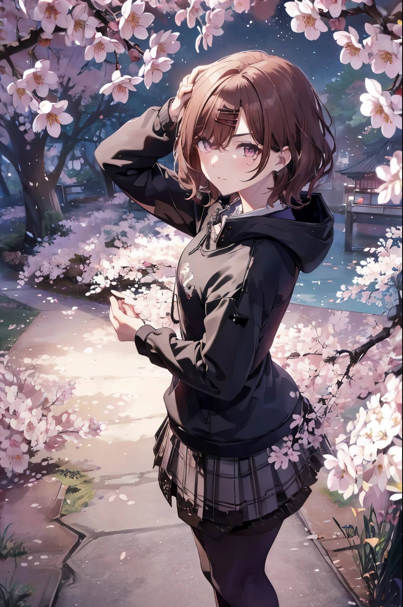 (best image quality, masterpiece:1.2), (super detail drawing),from behind, from above、(full body:1.3), A kaleidoscope of vibrant blossoms and enchanting cherry trees々surrounded by、A girl stands in a breathtaking city landscape。(Walking through the cherry blossom district:1.2),(sky scraper:0.6) ,The starry sky above is illuminated with mysterious colorful lights, Create a fantastic atmosphere, BREAK　①Quality：(1girl:1.3),(Perfect hands:1.3),(Perfect Anatomy:1.3), (master piece:1.3),(best quality:1.3), detailed,8k ②th：high resolution,beautiful detailed eyes, cute eyes, sparkling pupils, Intricate Iris Details, Captivating Eye Reflections, Sparkling Highlights in the Eyes, Depth and Dimension in the Pupils, Subtle Color Variations in the Iris, Meticulous Eyelash Details, detailed eyes, ③Lighting：Best Illumination, Part ④⑤: ultra-detailed face,detailed skin, ⑥Body shape：(slender body type:1.3), Seven heads, small head, ⑦Skin: ⑧Expression：(blush:1.1), Looking at Viewer, waiting for a kiss, ⑨Style: ⑩Subject：Oh Madoka, (mole under eye:0.8)、aamadoka,(mole under eye:0.8),short hair,bangs,hairclip,black sweater,hood,long sleeves,collared shirt,plaid skirt,grey skirt,(black pantyhose:1.4), thighband pantyhose,loafers,brown footwear, short hair、bangs、Hair clip ⑪Hair: shiny hair, floating hair, short hair, brown hair, mole under eye, mole, hair ornament, hairclip, BREAK ⑫Environment： ⑬Composition： ⑭Costume : piercing,　(wrinkles between eyebrows:1.3)、