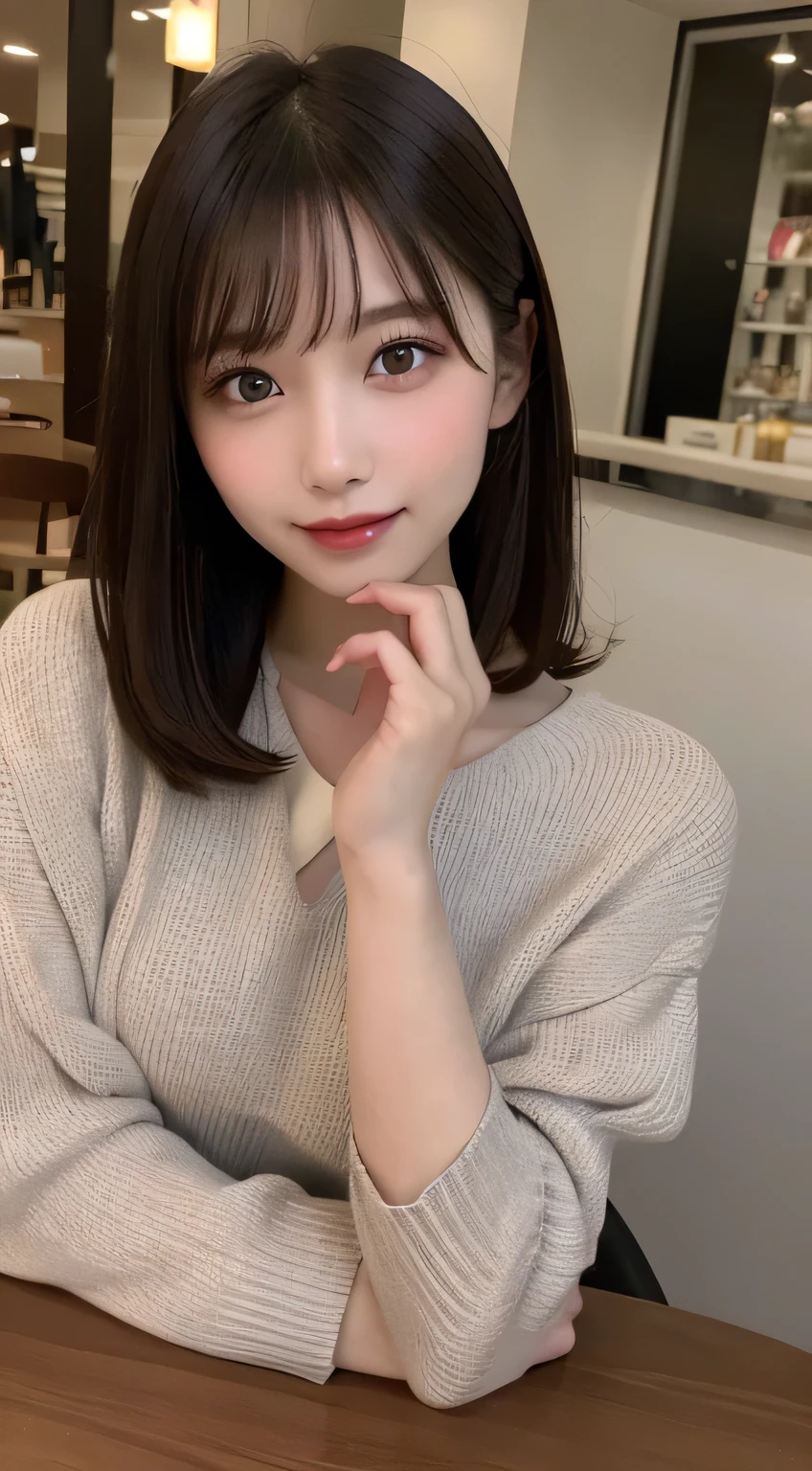 table top, highest quality, shape, Super detailed, finely, High resolution, 8k wallpaper, perfect dynamic composition shape, beautiful and detailed eyes, women winter fashion,small breasts natural color lip,smile,Harajuku、20 year old girl、cute、sexy shot looking at camera