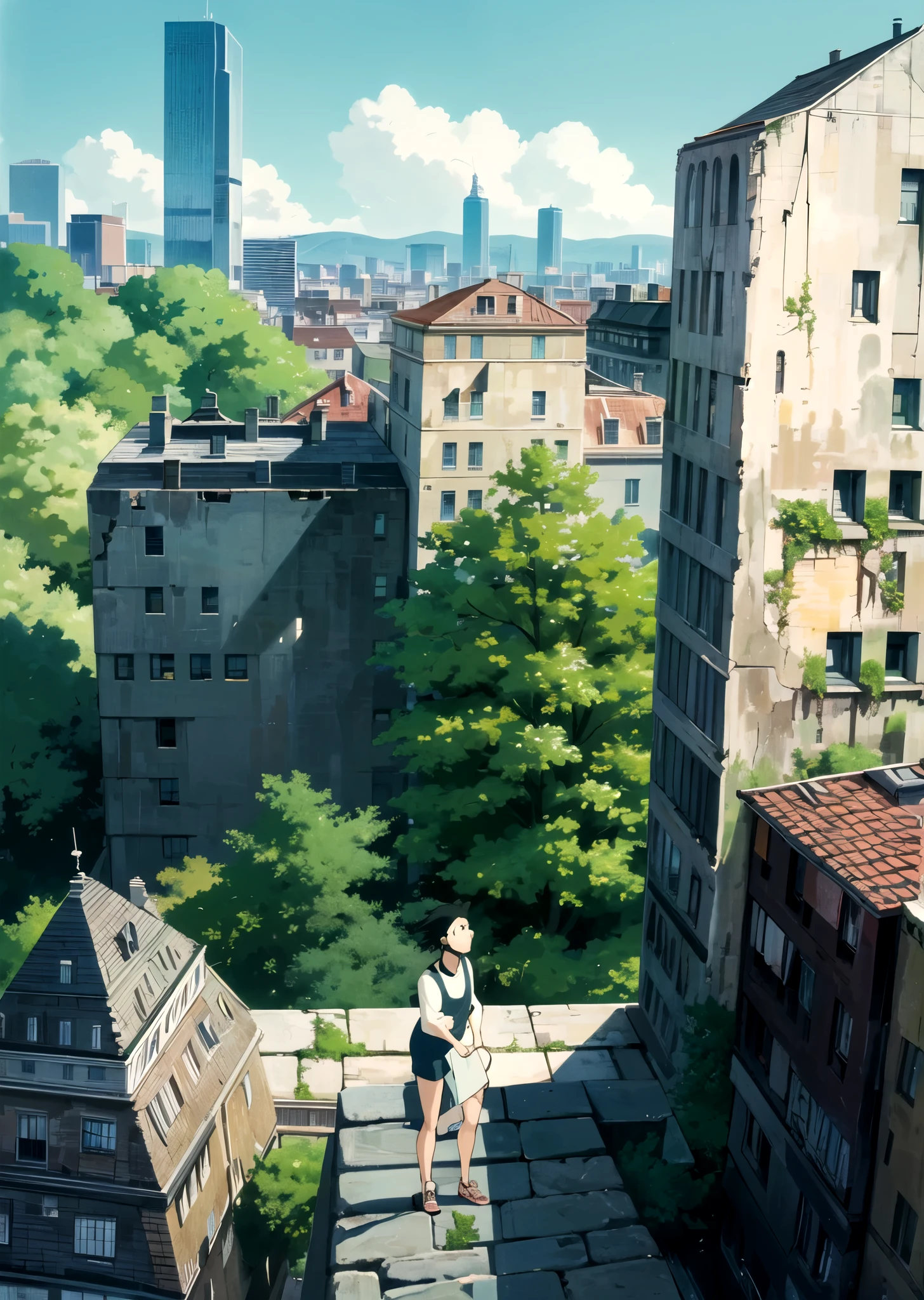 (((ghibli style))),modern skyscraper city, skyscrapers, capturing the essence of romance and urban decay, embraced by the resilience of nature. Scenes depicting lush green vegetation climbing gracefully and intertwining with decaying buildings symbolize the harmonious coexistence of life and decay. Against the backdrop of the forgotten cityscape, Let their body language and facial expressions convey the beauty of serenity, contemplation, and shared moments in unconventional settings.