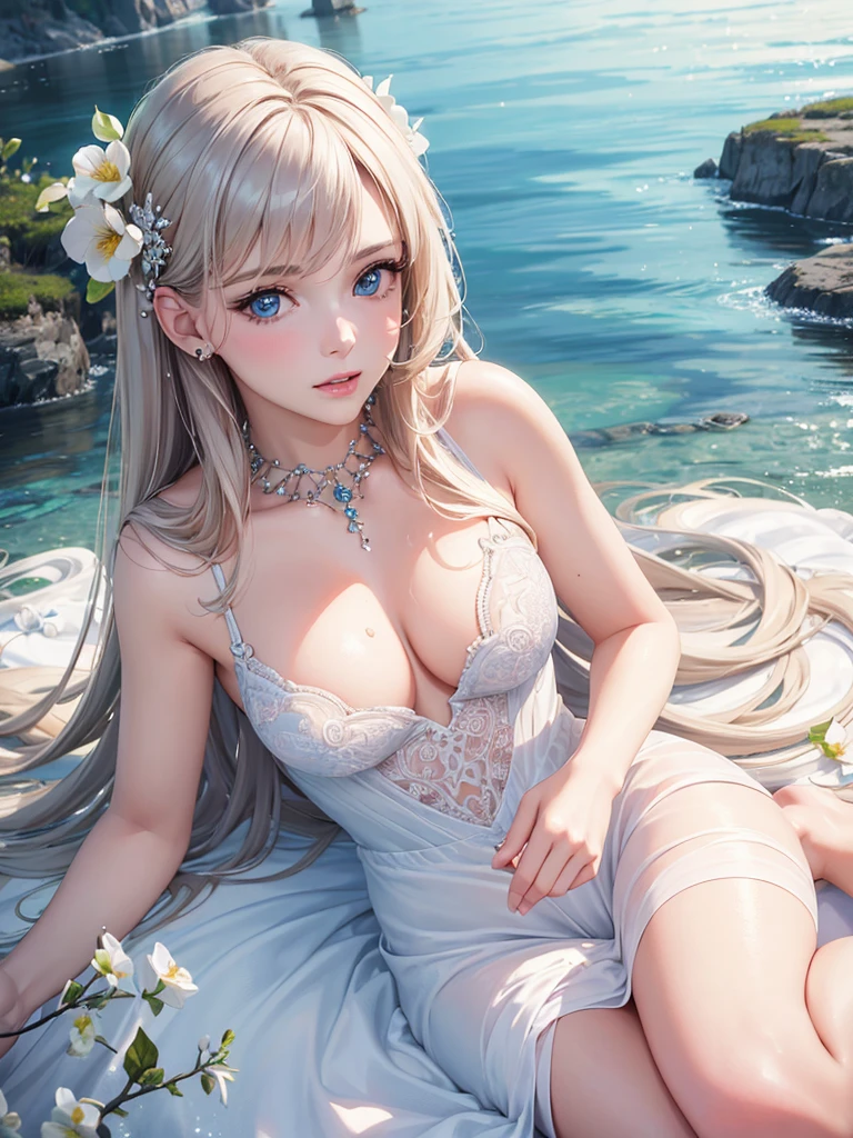 (best quality, masterpiece:1.2), ultra-detailed, (realistic, photo-realistic:1.37), portrait, female, beautiful, maturing, lovely, detailed face, blue eyes, rosy lips, porcelain skin, long flowing hair, feminine features, delicate flowers, pure white dress, aesthetic clouds, sparkling water, colorful palette, photorealistic, soft lighting, partially underwater shot, 4k, 8k, highres, masterpiece, award winning