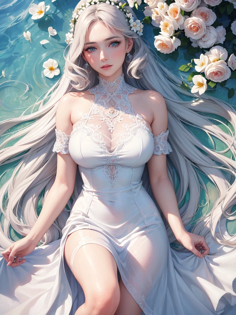 (best quality, masterpiece:1.2), ultra-detailed, (realistic, photo-realistic:1.37), portrait, female, beautiful, maturing, lovely, detailed face, blue eyes, rosy lips, porcelain skin, long flowing hair, feminine features, delicate flowers, pure white dress, aesthetic clouds, sparkling water, colorful palette, photorealistic, soft lighting, partially underwater shot, 4k, 8k, highres, masterpiece, award winning
