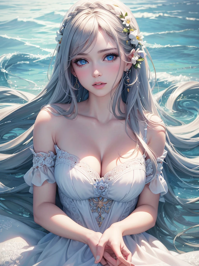 (best quality, masterpiece:1.2), ultra-detailed, (realistic, photo-realistic:1.37), portrait, female, beautiful, maturing, lovely, detailed face, blue eyes, rosy lips, porcelain skin, long flowing hair, feminine features, delicate flowers, pure white dress, aesthetic clouds, sparkling water, colorful palette, photorealistic, soft lighting, partially underwater shot, 4k, 8k, highres, masterpiece, award winning