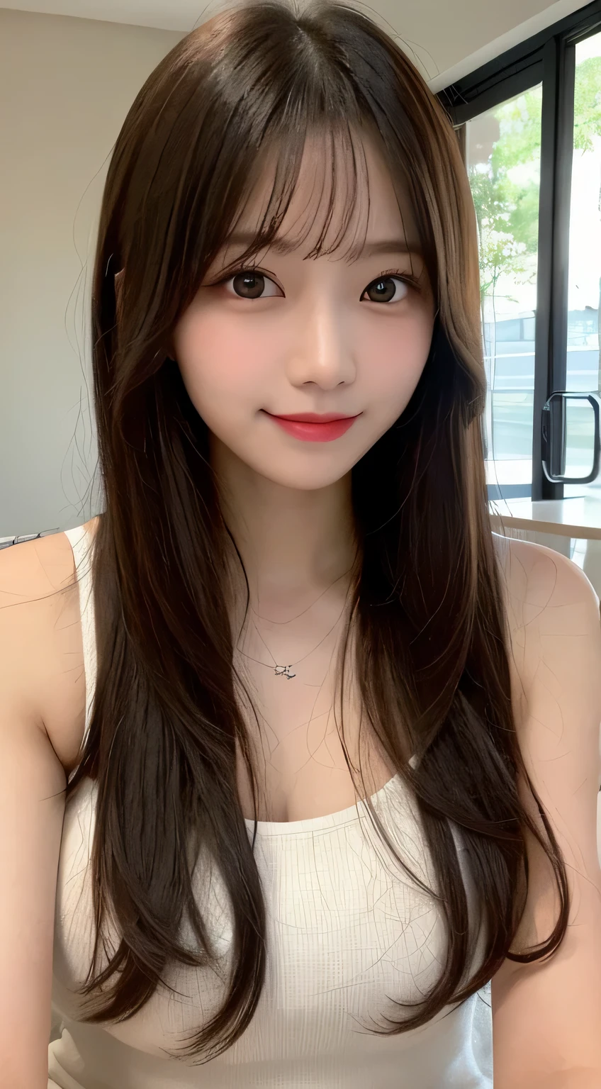 table top, highest quality, figure, Super detailed, finely, High resolution, 8k wallpaper, Perfect dynamic composition figure, detailed and beautiful eyes, ladies fashion summer,long hair,big natural color lip, bold sexy pose,smile,Harajuku、20 year old girl、cute、sexy shot looking at camera