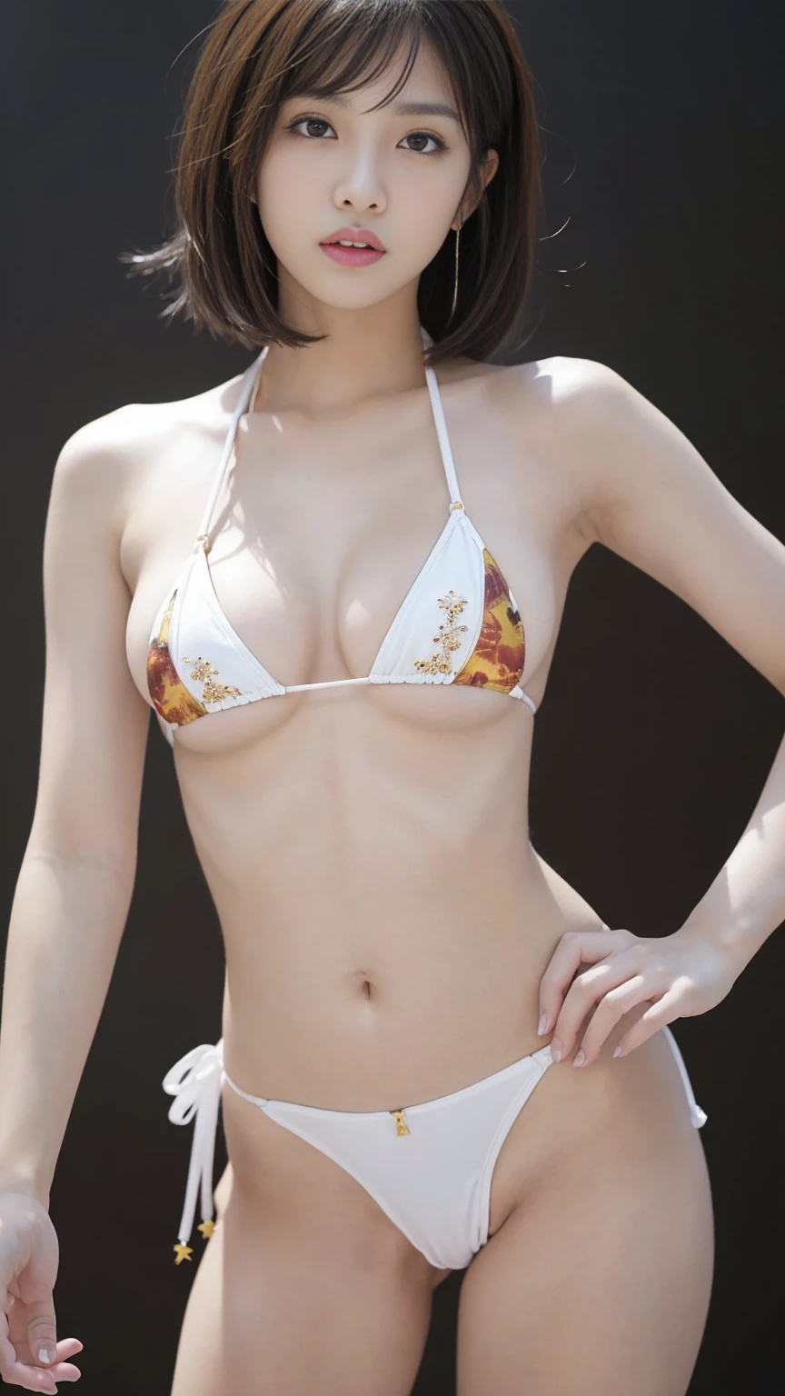 (Emo art:1.6),(8k, RAW photo, best quality, masterpiece:1.3),(photorealistic:1.25), HDR, UHD, dynamic,(colorful:1.35) , blooming light effect,(blurry backround),
BREAK
1 girl, solo, cleavage ,(extremely beautiful lady hands on hips), (Dynamic movement), show legs ,busty ,nipples ,intricate details, athletic and fit body, adorable, vibrant, playful, perfect hands, detailed hands, perfect eyes, detailed eyes,(Cute navel:1.4),(gyaru:1.2), (tanned skin:1.1), (dynamic posing:1.2),(realistic skin and hair texture, detailed beautiful & luster & grossly),(short straight amber hair:1.3),(streaked hair),Long narrow eyes, nasally face ,A nicely protruding chin,(High nose),((Long bangs:1.3)),enchanting, adorned, charming,captivating, alluring, stylish, bedazzled,(fit body:1.2),(Camel toes:1.4),
BREAK
(Micro Monokini G String,Sexy Bikini Contest Micro Monokini G String bikini,This swimsuit is designed to help you win bikini contests:1.3),(emphasized body line Micro Slingshot Bikini:1.2), slingshot swimsuit, (seamless:1.1),(Earrings or necklaces studded with crystals or rhinestones that sparkle. As hair accessories:1.1),BREAK (wind:1.4),(white background:1.4),nsfw,
