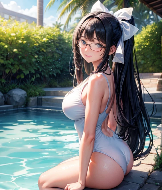 A stunningly detailed illustration of a high school girl wearing a white one-piece swimsuit with elegant White Piping, her skin perfectly tanned and glistening with drops of water. The artwork is captured in a mesmerizing 8K resolution, showcasing the artist's extraordinary attention to detail. The girl is depicted in a pool setting, her big eyes shining with a beautiful expression of joy and laughter. Her long hair, adorned with a hair band featuring a charming ribbon, cascades down her back, creating a lovely contrast against her dark-colored parted bangs. Adding to her sophisticated look, she wears fashionable rimless eyewear that complements her overall appearance. The artist skillfully portrays the textured sKin, enhancing the realism of the artwork. This