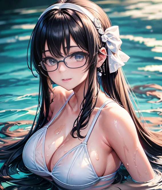 A stunningly detailed illustration of a high school girl wearing a white one-piece swimsuit with elegant White Piping, her skin perfectly tanned and glistening with drops of water. The artwork is captured in a mesmerizing 8K resolution, showcasing the artist's extraordinary attention to detail. The girl is depicted in a pool setting, her big eyes shining with a beautiful expression of joy and laughter. Her long hair, adorned with a hair band featuring a charming ribbon, cascades down her back, creating a lovely contrast against her dark-colored parted bangs. Adding to her sophisticated look, she wears fashionable rimless eyewear that complements her overall appearance. The artist skillfully portrays the textured sKin, enhancing the realism of the artwork. This