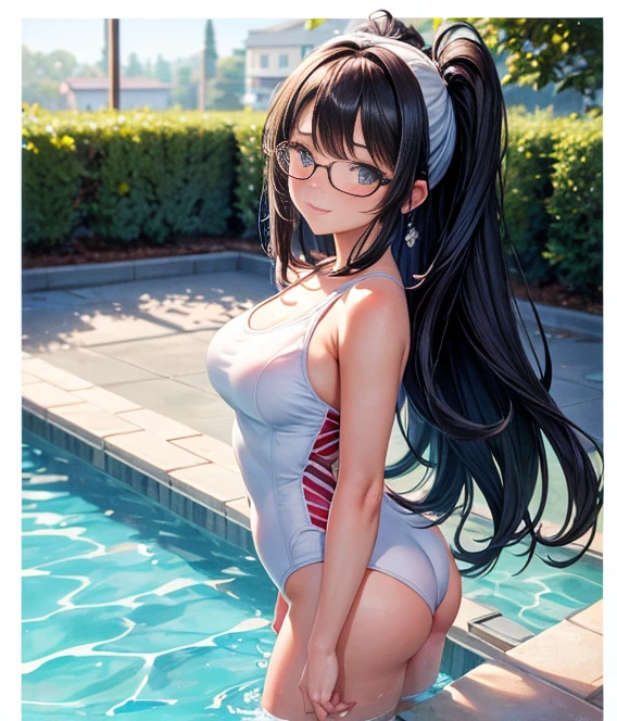 A stunningly detailed illustration of a high school girl wearing a white one-piece swimsuit with elegant White Piping, her skin perfectly tanned and glistening with drops of water. The artwork is captured in a mesmerizing 8K resolution, showcasing the artist's extraordinary attention to detail. The girl is depicted in a pool setting, her big eyes shining with a beautiful expression of joy and laughter. Her long hair, adorned with a hair band featuring a charming ribbon, cascades down her back, creating a lovely contrast against her dark-colored parted bangs. Adding to her sophisticated look, she wears fashionable rimless eyewear that complements her overall appearance. The artist skillfully portrays the textured sKin, enhancing the realism of the artwork. This