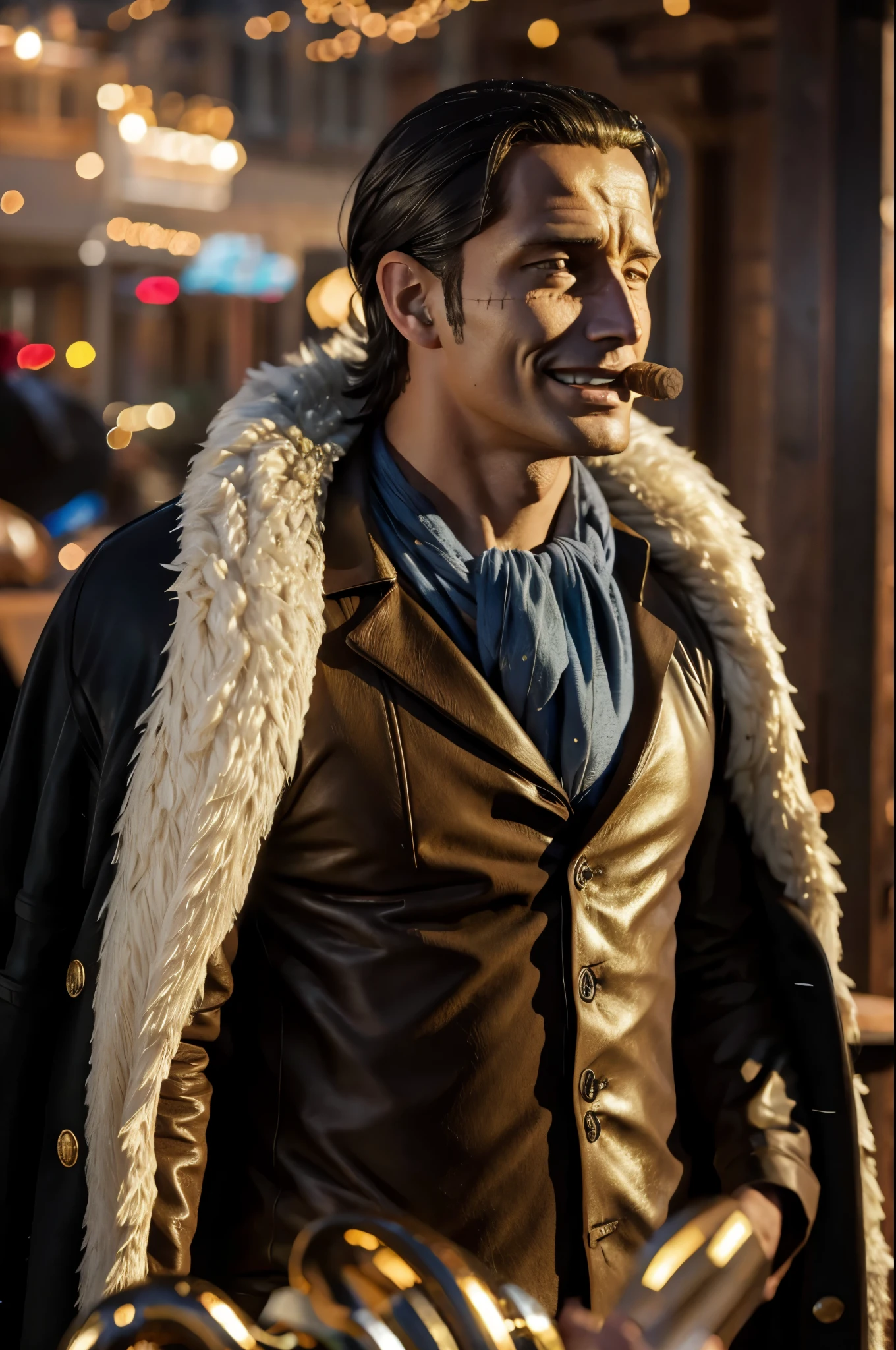masterpiece, best quality, extremely detailed, hyperrealistic, photorealistic, a cool 40s man, ultra detailed face:1.2, fur-trimmed coat, scarf around the neck, his left hand is a golden pirate hook:1.1, cigar, casino:1.2, sly smile