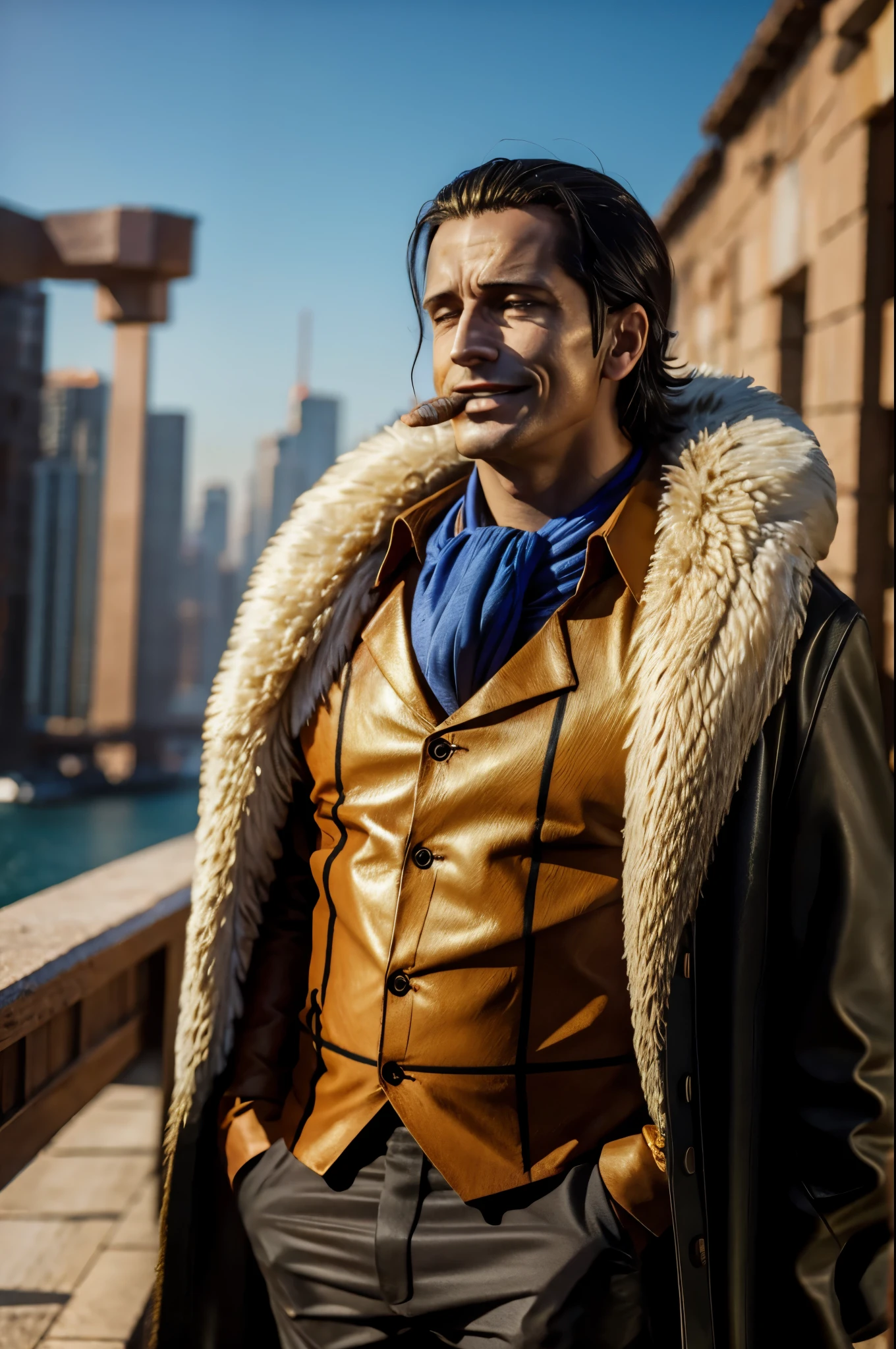 masterpiece, best quality, extremely detailed, hyperrealistic, photorealistic, a cool 40s man, ultra detailed face:1.2, fur-trimmed coat, scarf around the neck, his left hand is a golden pirate hook:1.1, cigar, casino:1.2, sly smile
