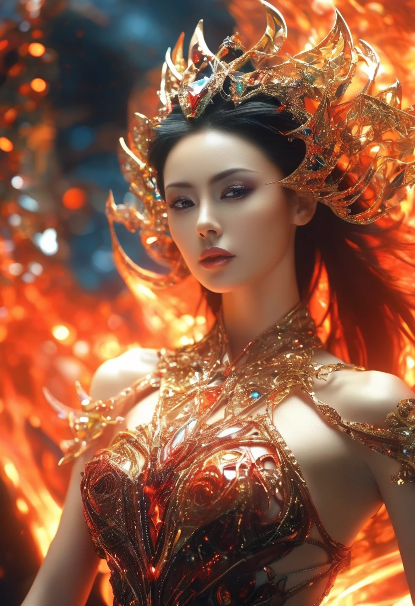 beautiful，hell_lady， anatomy correct，fantasy，blingbling，Upper body photo，triangle，Motion blurred，movie lighting effects，fractal background
