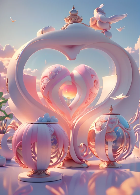 Masterpiece,Pink hearts,((Thousand pure glass,Shine:1.2,(Transparent:1.3),The sheen)),Best quality;(pixar-style:1.4),(Sea of Clouds,At sunrise,The Kingdom of Zhou was surrounded by clouds of fire,rainbowing,Flying birds,Paper airplanes)(Ultra detailed,Aesthetic,Beautiful composition is rich,vivd colour,volumetric soft light)4K,Reflections in the sun,《inverted image》Inspired by:《alice in the wonderland》,magic,Fairy tales,illusory engine,rendering by octane,cuteness render,a 3D render,Adobe Photoshop,Awesome beauty