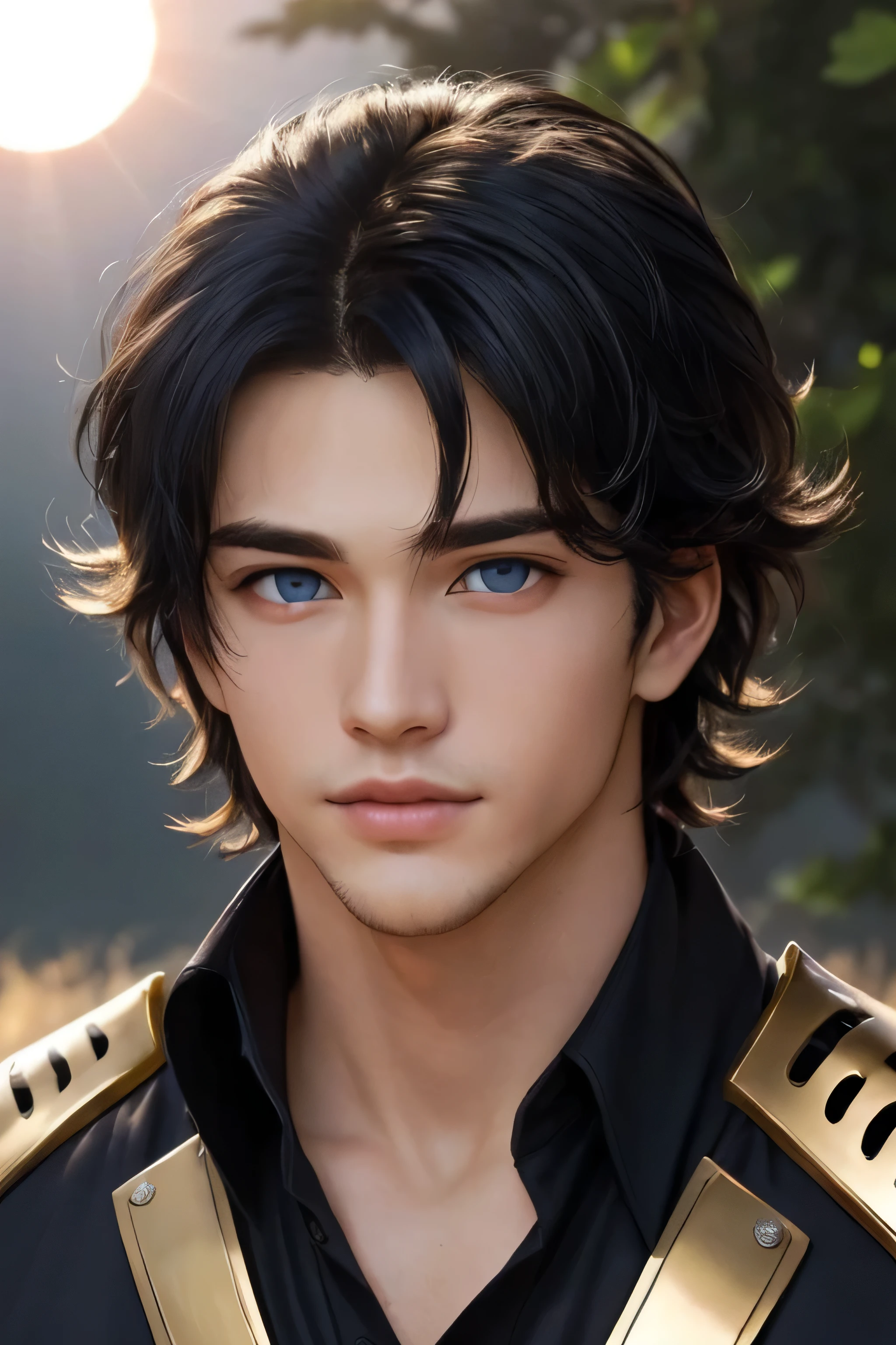 (man) (Hair parted in the middle is jet black) (night blue eyes) (handsome) (sun god) (anime)(young) (mastery of the sun) (knight)