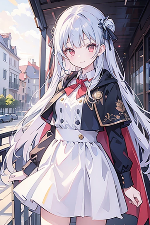 ((masterpiece,best quality)),8k wallpaper,1 girl, long hair, alone, skirt, Red eyes, looking at the audience, long sleeve, permanent, architecture, white skirt, Gloves, hair accessories, Smile, flowing hair, Dutch Cape, Keep your mouth shut, look away, outdoor