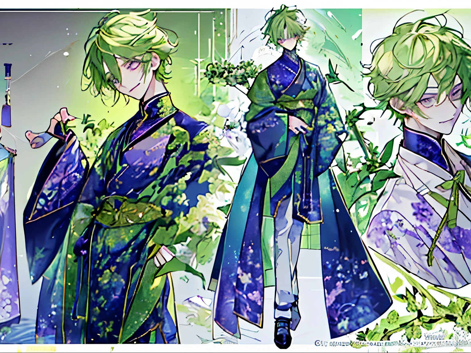 Anime male with olive green hair, detailed purple eyes, and a vibrant personality, Cottagecore vibes, with a touch of whimsy and charm. Vtuber design with a meticulously crafted outfit, featuring intricate patterns and textures. The best quality, high-resolution artwork that captures every exquisite detail. Soft, pastel colors reminiscent of a tranquil countryside. Studio lighting that accentuates the character's features and brings out the depth of the scene.
