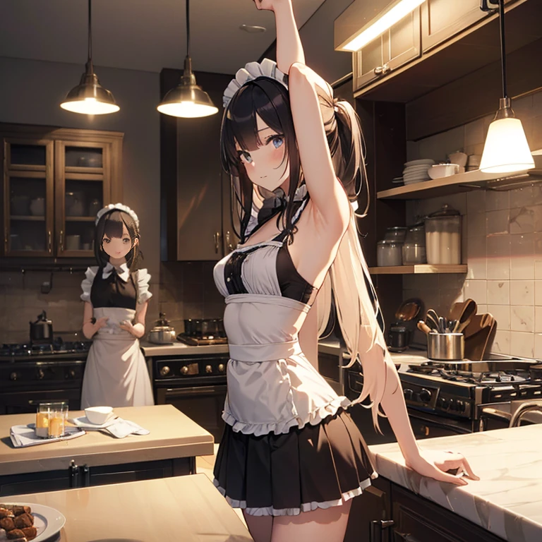 A group of maids, (in kitchen), various hair styles, harem, wearing maid clothes, night, details face, short skirt, seducing, armpits, bdsm