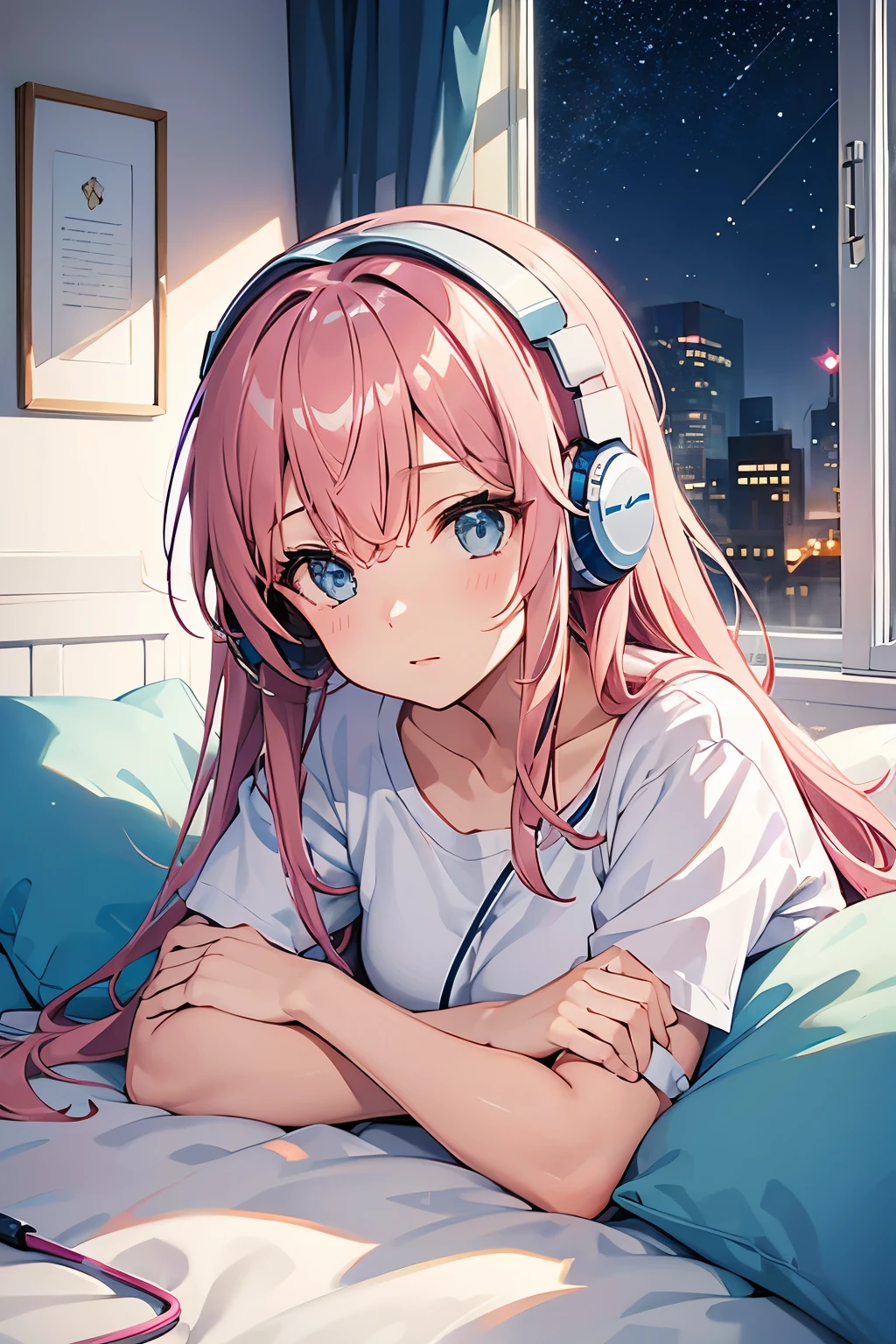 Girl lying in bed，hair is pink，headphones in ears，Starry sky in the window