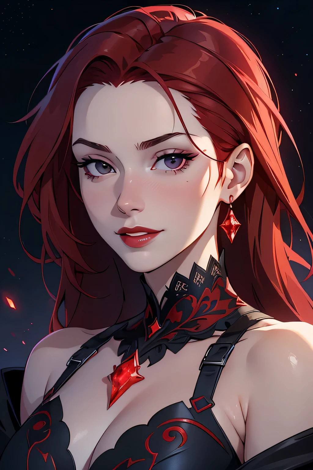 close up face, portrait shot, ((vivid red hair)), european face, sexy, mature woman, 30 years old, diamond face, moonlight, red starry sky background, depth of field, magic, big red lips, ((dark black eyes)) red long and full dress, covered chest, small breast, mystical atmosphere, ominous shadows, Intense blue aura, Intense red aura (best quality:1.2), absurdres, intricate details, (highly detailed skin:1.2), smile expression, dynamic poses, taut and well defined body, attractive. Highly realistic, pale skin, beautiful, hyperrealism, skin very elaborated, direct gaze