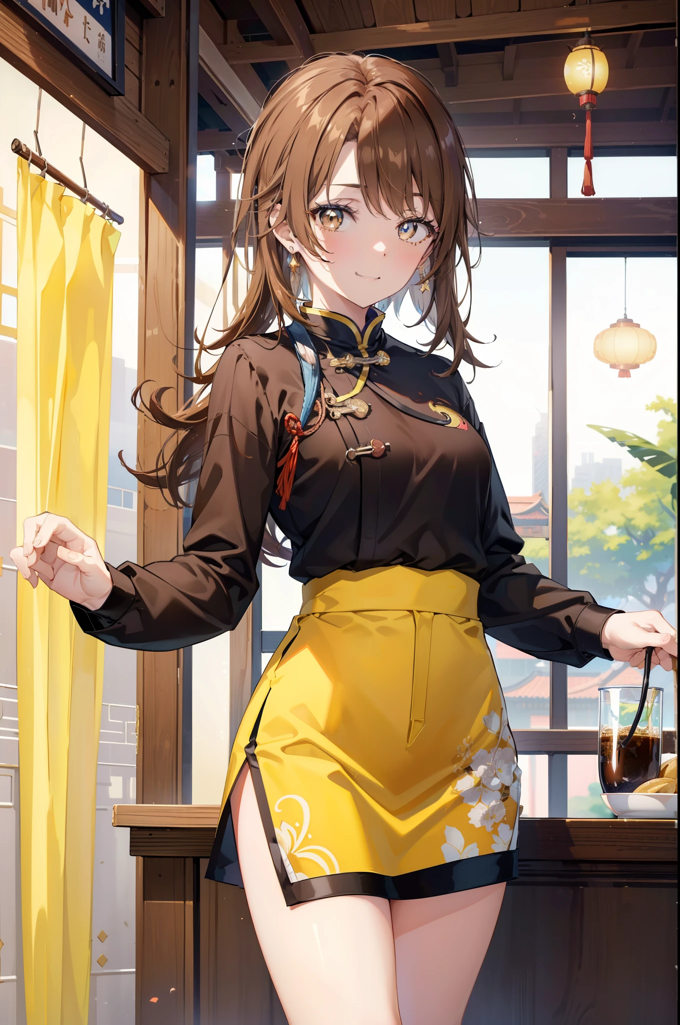 irohaisshiki, iroha isshiki, long hair,brown hair,, (brown eyes:1.5), happy smile, smile, open your mouth,No sleeve,yellow cheongsam clothes,Yellow long slit,Fishnet tights,stiletto heels,whole bodyがイラストに入るように,
break indoors, Chinese Restaurant,
break looking at viewer,whole body,(cowboy shot:1.5),
break (masterpiece:1.2), highest quality, High resolution, unity 8k wallpaper, (shape:0.8), (fine and beautiful eyes:1.6), highly detailed face, perfect lighting, Very detailed CG, (perfect hands, perfect anatomy),