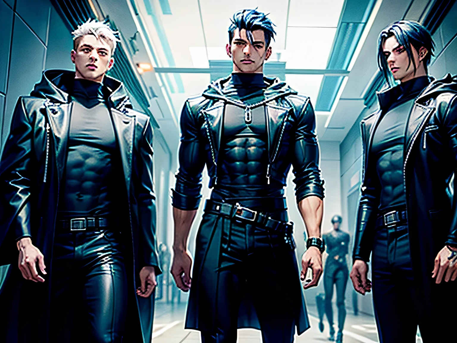 Three identical guys all with short dark blue hair, sharp orange eyes, muscular bodies and are all wearing cloaks over black shirts, all holding a gun. Cyberpunk.