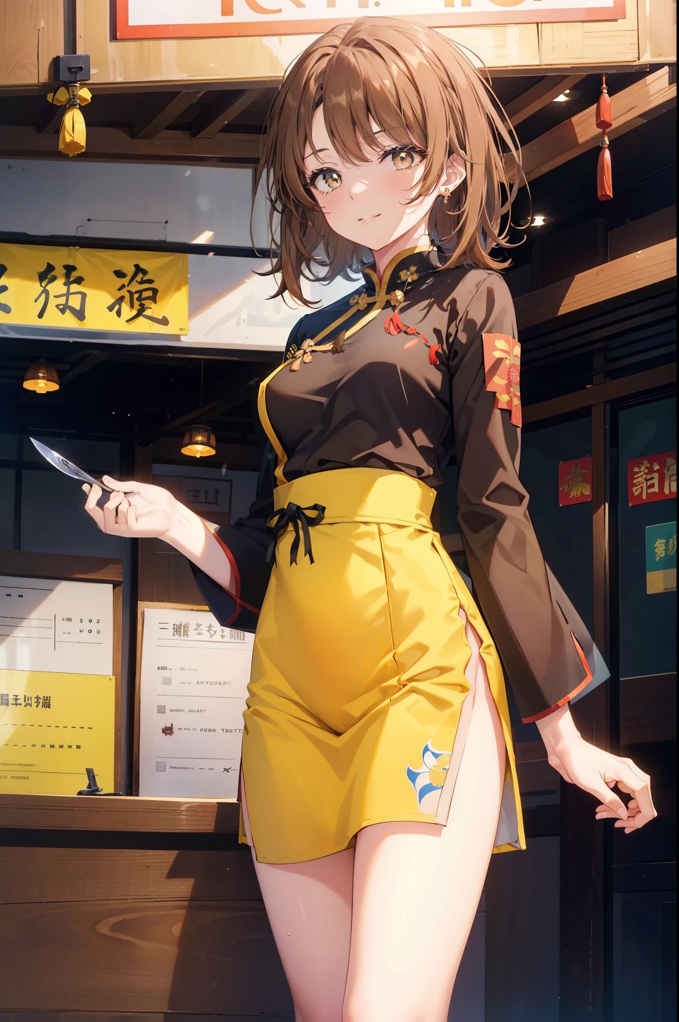 irohaisshiki, iroha isshiki, long hair,brown hair,, (brown eyes:1.5), happy smile, smile, open your mouth,No sleeve,yellow cheongsam clothes,Yellow long slit,Fishnet tights,stiletto heels,whole bodyがイラストに入るように,
break indoors, Chinese Restaurant,
break looking at viewer,whole body,(cowboy shot:1.5),
break (masterpiece:1.2), highest quality, High resolution, unity 8k wallpaper, (shape:0.8), (fine and beautiful eyes:1.6), highly detailed face, perfect lighting, Very detailed CG, (perfect hands, perfect anatomy),