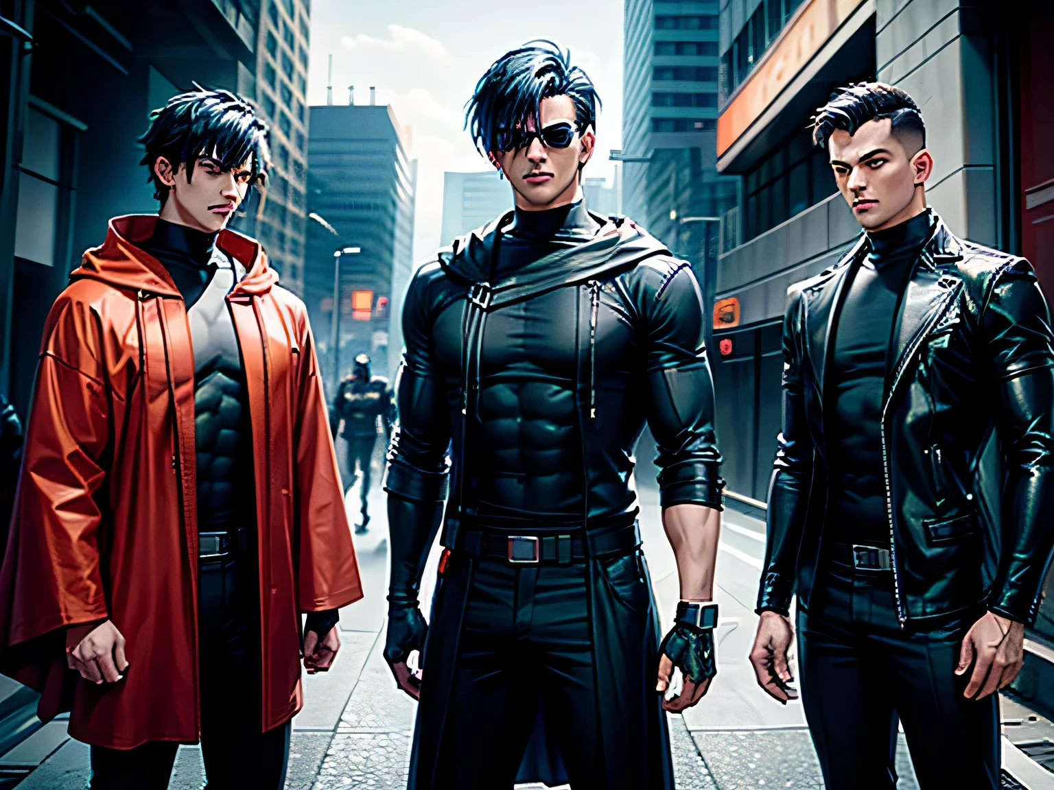 Three identical guys all with short dark blue hair, sharp orange eyes, muscular bodies and are all wearing cloaks over black shirts, all holding a gun. Cyberpunk.