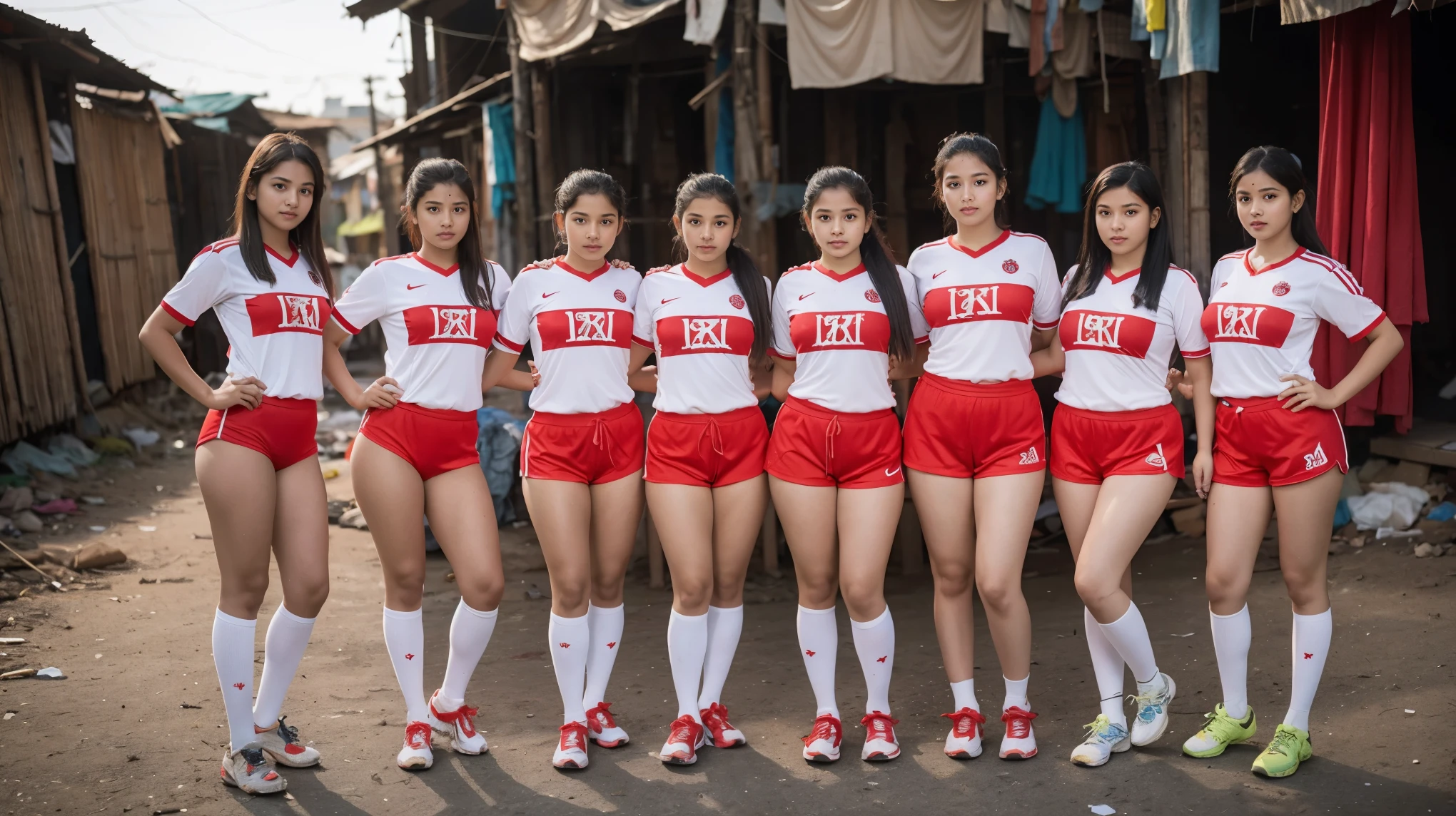 full body shot of ((8)) eight Indian teenag with huge boobies and thick thighs, black hair, wearing only a light red ((oversized football jersey shirt)) with white shorts paired with football boots, complete legs visible, sexy thighs, thighs visible, naked legs visible, perfect slim body figure, looking at the viewer sideways, showing her sexy boobies, standing pose on the crowded street of the ((slums)) in Mumbai with legs wide spread apart, sunset time, realistic, masterpiece, photorealistic, realistic, 8k
