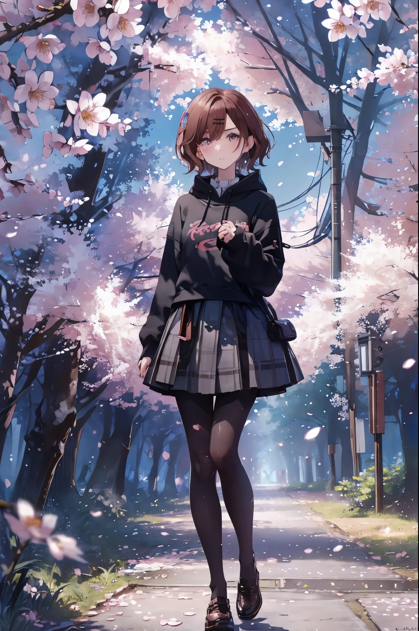 (best image quality, masterpiece:1.2), (super detail drawing),from behind, from above、(full body:1.3), A kaleidoscope of vibrant blossoms and enchanting cherry trees々surrounded by、A girl stands in a breathtaking city landscape。(Walking through the cherry blossom district:1.2),(sky scraper:0.6) ,The starry sky above is illuminated with mysterious colorful lights, Create a fantastic atmosphere, BREAK ①Quality:(1girl:1.3),(Perfect hands:1.3),(Perfect Anatomy:1.3), (master piece:1.3),(best quality:1.3), detailed,8k ②th:high resolution,beautiful detailed eyes, cute eyes, sparkling pupils, Intricate Iris Details, Captivating Eye Reflections, Sparkling Highlights in the Eyes, Depth and Dimension in the Pupils, Subtle Color Variations in the Iris, Meticulous Eyelash Details, detailed eyes, ③Lighting:Best Illumination, Part ④⑤: ultra-detailed face,detailed skin, ⑥Body shape:(slender body type:1.3), Seven heads, small head, ⑦Skin: ⑧Expression:(blush:1.1), Looking at Viewer, waiting for a kiss, ⑨Style: ⑩Subject:Oh Madoka, (mole under eye:0.8)、aamadoka,(mole under eye:0.8),short hair,bangs,hairclip,black sweater,hood,long sleeves,collared shirt,plaid skirt,grey skirt,(black pantyhose:1.4), thighband pantyhose,loafers,brown footwear, short hair、bangs、Hair clip ⑪Hair: shiny hair, floating hair, short hair, brown hair, mole under eye, mole, hair ornament, hairclip, BREAK ⑫Environment: ⑬Composition: ⑭Costume : piercing, (wrinkles between eyebrows:1.3)、