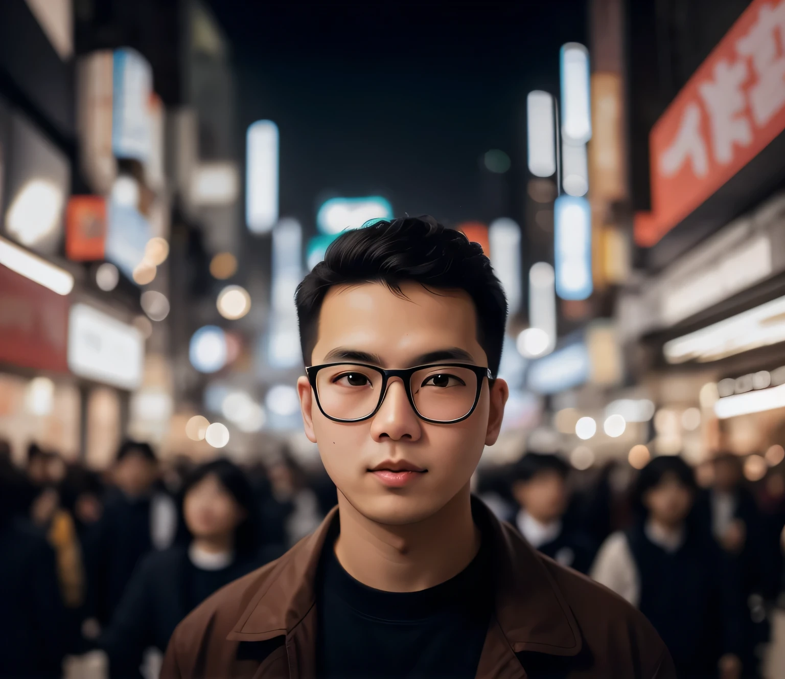 there is a man with curly short hair, big forehead standing in a crowded city street, wide - angle portrait, wideangle portrait, wide angle dynamic portrait, portrait of a japanese teen, south korean male, mid shot portrait, standing in a city center, human staring blankly ahead, in a tokyo street, detailed unblurred face, tokyo city background, wearing small round glasses