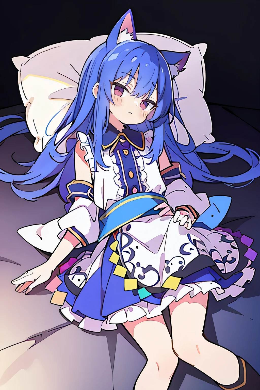 (Masterpiece), best quality, expressive eyes, perfect face, 1girl,
 Put your hands on your waist, fair, gorgeous, Japanese comics, girl, Lola, young angel, blue hair, blue hair, flowing clothes, hug the waist, hug the waist, hands on hips, hands on hips, lay down , lying on the ground, legs on the ground, flat chest, cat ears