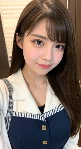 student風の服、Take a selfie in your room、((Selfie style in my room)),((student))、((so young))、((very cute))、((so adorable)),highest quality, masterpiece, ultra high resolution, (realistic:1.4), Raw photo, very detailed, perfect anatomy, 1 girl, 18-year-old, famous japanese idol, Front view, close-up of crotch,, ((emphasize the chest))