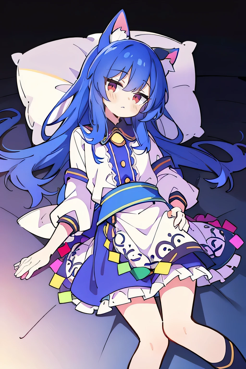 (Masterpiece), best quality, expressive eyes, perfect face, 1girl,
Put your hands on your waist, fair, gorgeous, Japanese comics, girl, Lola, young angel, blue hair, blue hair, flowing clothes, hug the waist, hug the waist, hands on hips, hands on hips, lay down , lying on the ground, legs on the ground, flat chest, cat ears