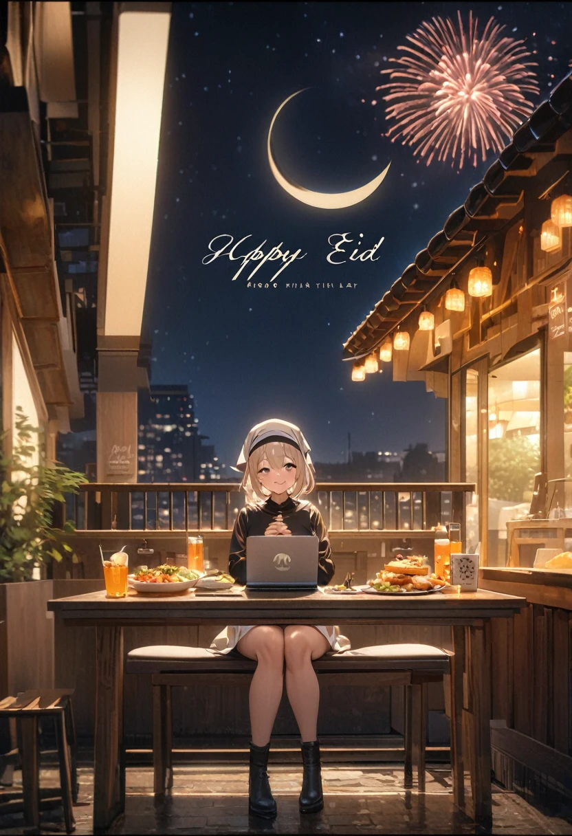 Masterpiece, Improved quality, High quality, Good anatomy, Well-formed hands, Healthy body, Intact fingers, Normal digits, 4k quality image, Girls, beautiful girl, perfect body, full body, perfect girl, headscarf, 2nd floor restaurant without roof, table, table number, food, drink, laptop, work, and, fireworks with the words "happy Eid al-Fitr", water reflection, at midnight, crescent moon, stars, smile,