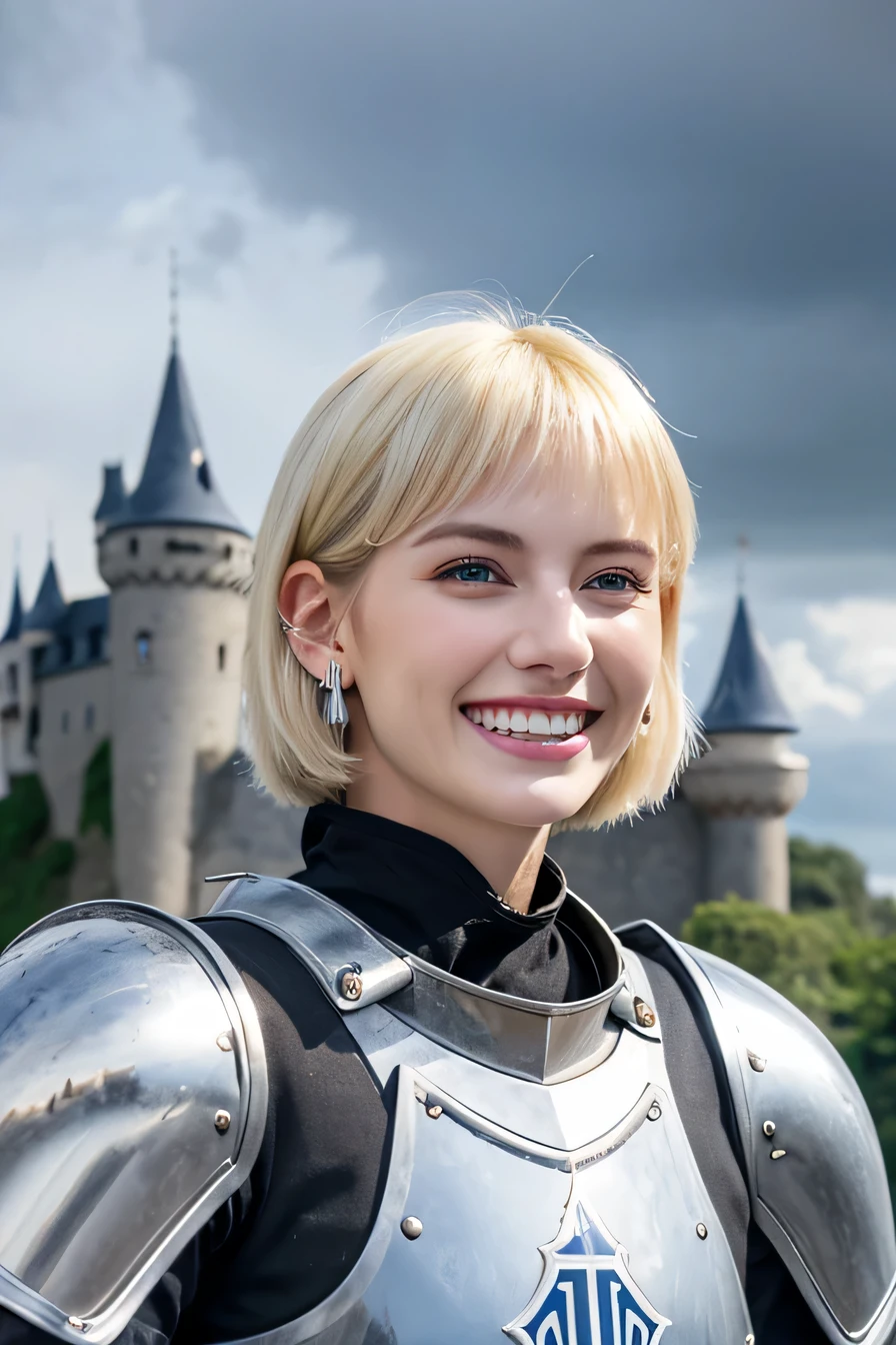 highest quality、8k、female knight、The background is a castle、Luxurious Silver Armor、smile、beautiful teeth、full body photo、hairstyle short cut、ear piercing、white woman、blonde hair、blue eyes、Gummy Smile、The background is a cloudy sky、heavy makeup、mouth half open、fierce々New helmet