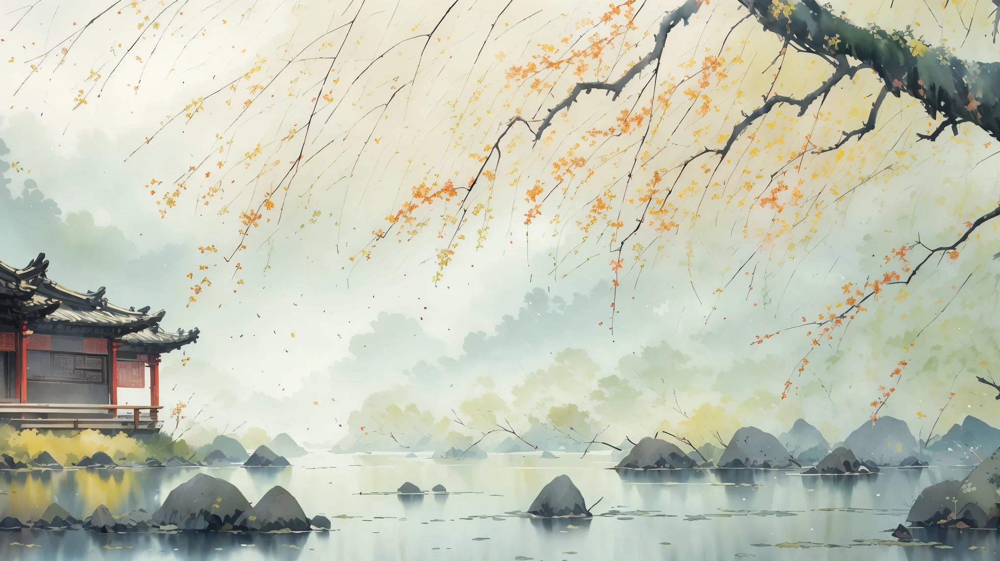 ancient style illustration chinese watercolor landscape painting watercolor river maple leaves autumn chinese landscape bare tree branches day flowers and leaves no humans outdoors overgrown plants landscape tree maple water, masterpiece, recent quality, best details, beauty