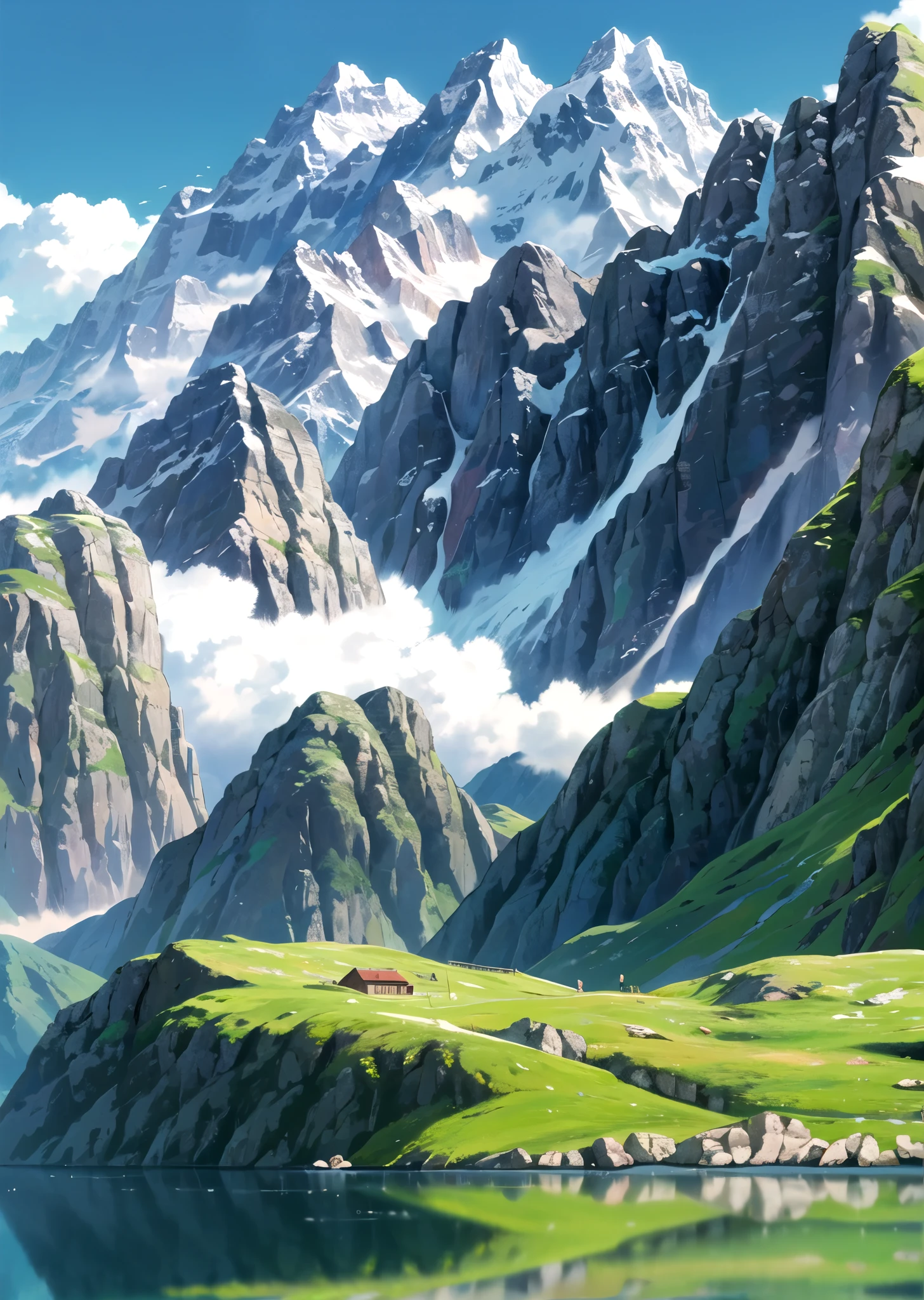 (((ghibli style))),o humans, austrian alps meadow. mountains in the background. snowy peaks. summer. sun. nice weather. photography. mountain lake