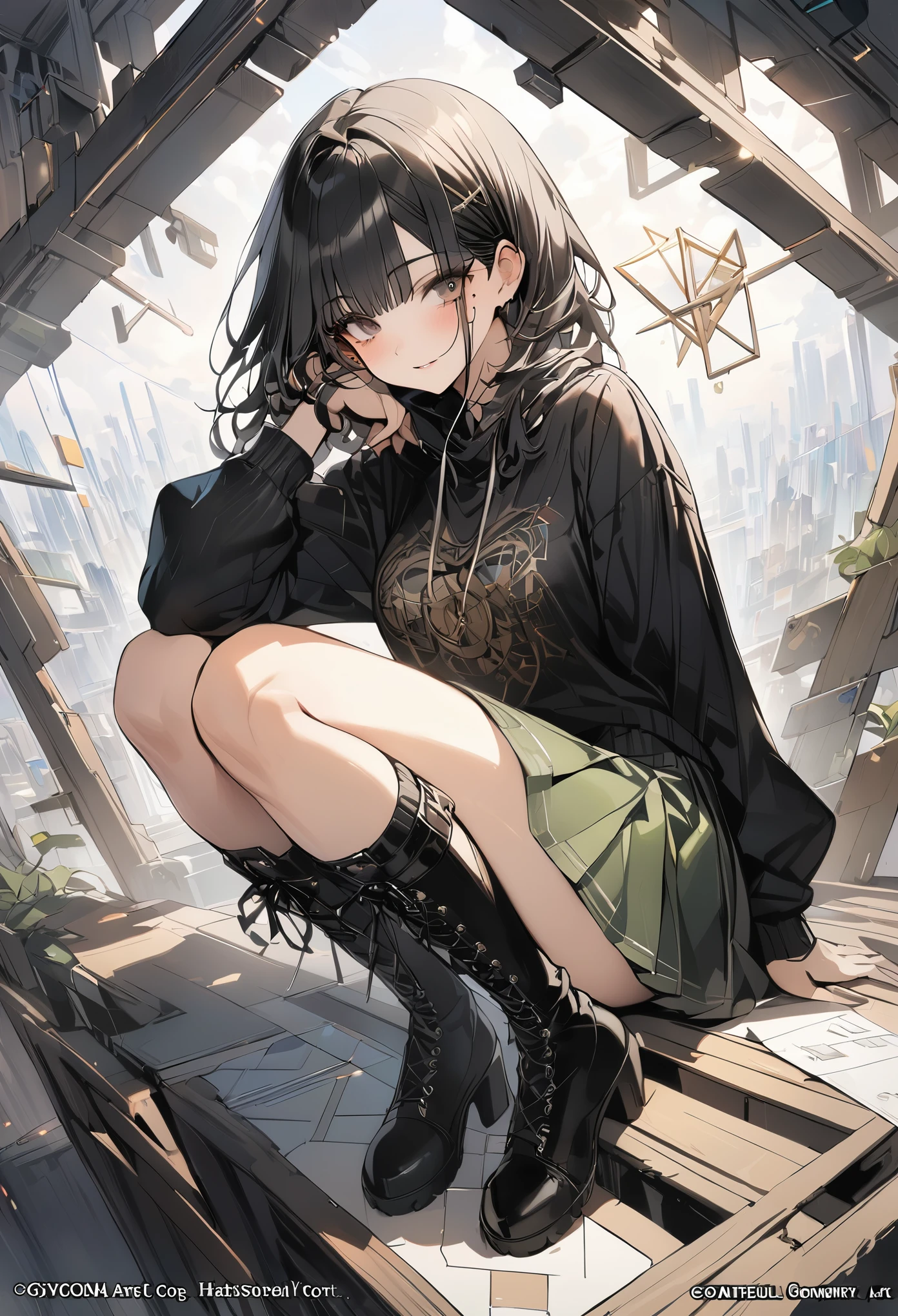 ,mole under eye, (masterpiece, highest quality), official art, beautiful and aesthetic: 1.2), (1 girl), very detailed, (geometry art: 1.3), colorful、black bob hair、 whole body、black jumper、green mini skirt、knee high boots