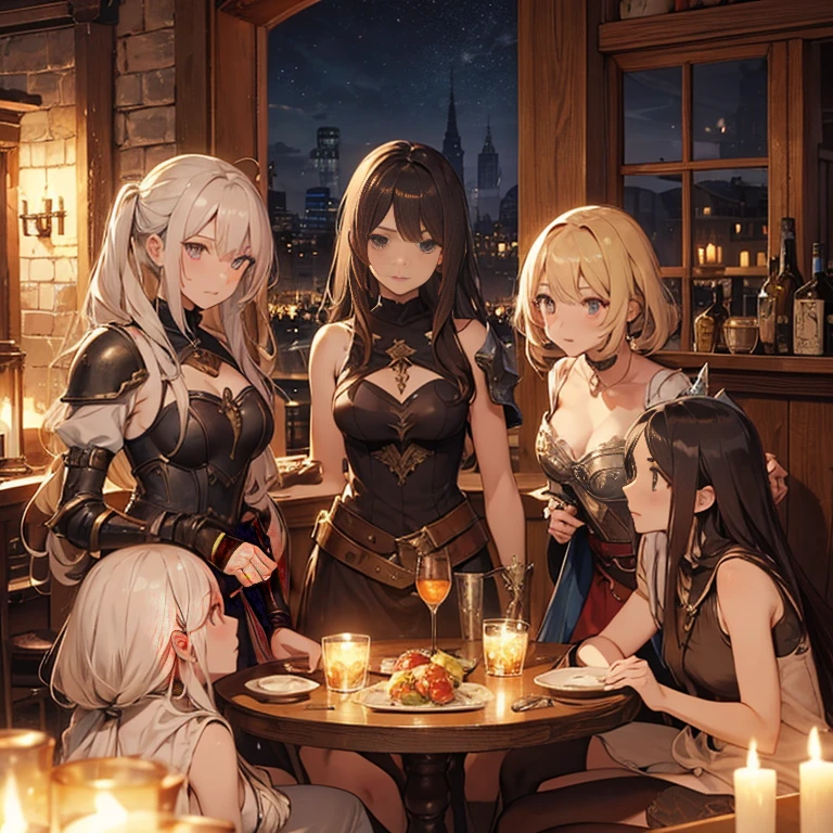 A group of female medieval fantasy adventurers, (in tavern), various hair styles, harem, night, details face, seducing, sleeveless, armor