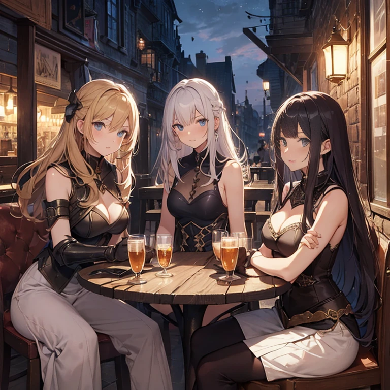 A group of  female medieval fantasy adventurers, (in tavern), various hair styles, harem, night, details face, seducing, sleeveless, armor 