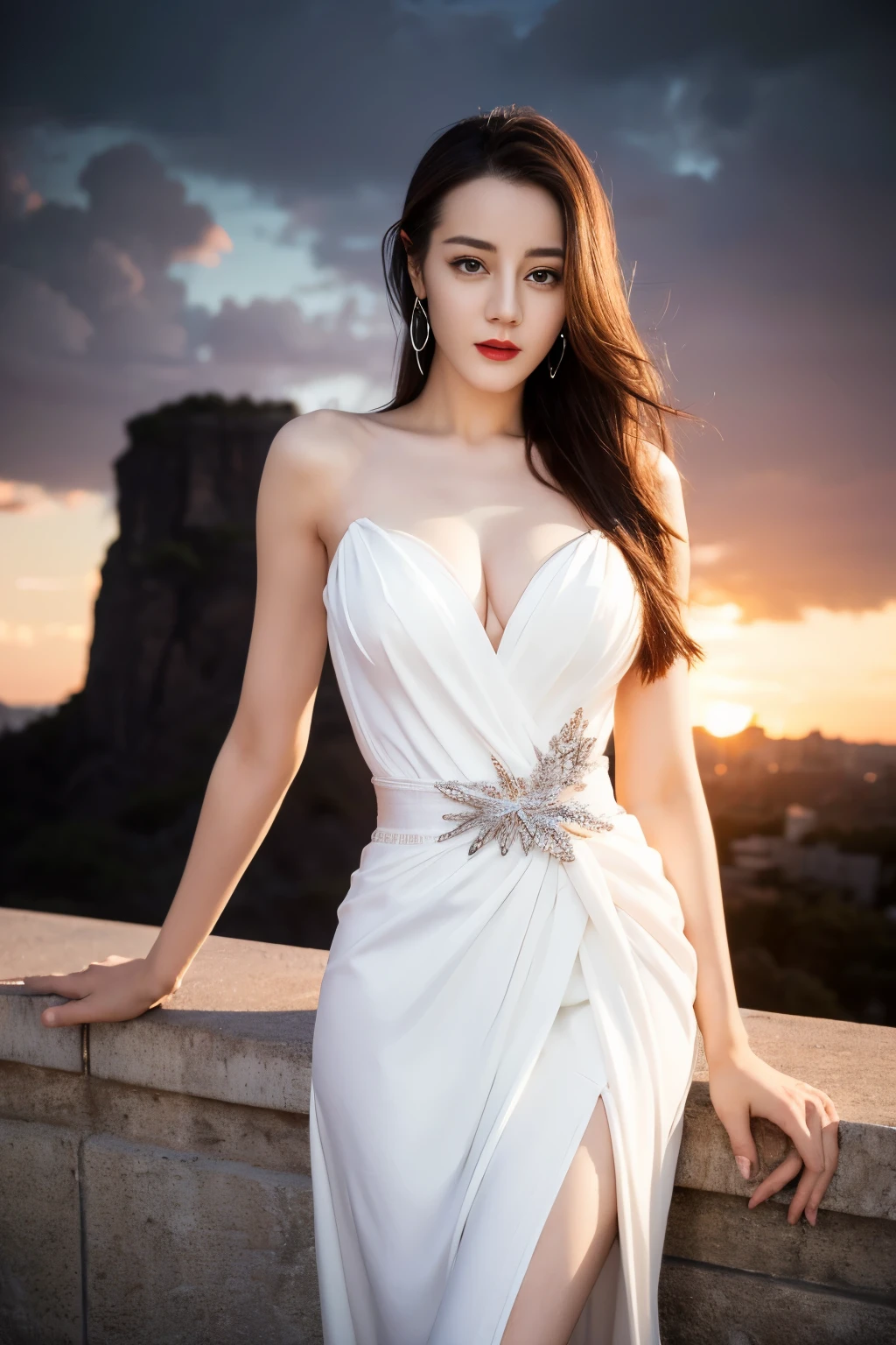 ((top quality、8K、​Masterpiece:1.3))、Extremely delicate and beautiful girl，huge breasts，bigger breasts，amazing breast size，G cup，Sunset。Wear big earrings，The skin is very white，moist red lips，Waist is very thin，Thighs are very thin，big ass，exposed，fair and smooth skin，Smooth and fair skin，flawless skin，Fair and shiny skin，cold white skin，The camera focuses on the chest，bright light，White tube top dress，exposed的肩膀，white hair，The hair is gray，完全exposed的后背