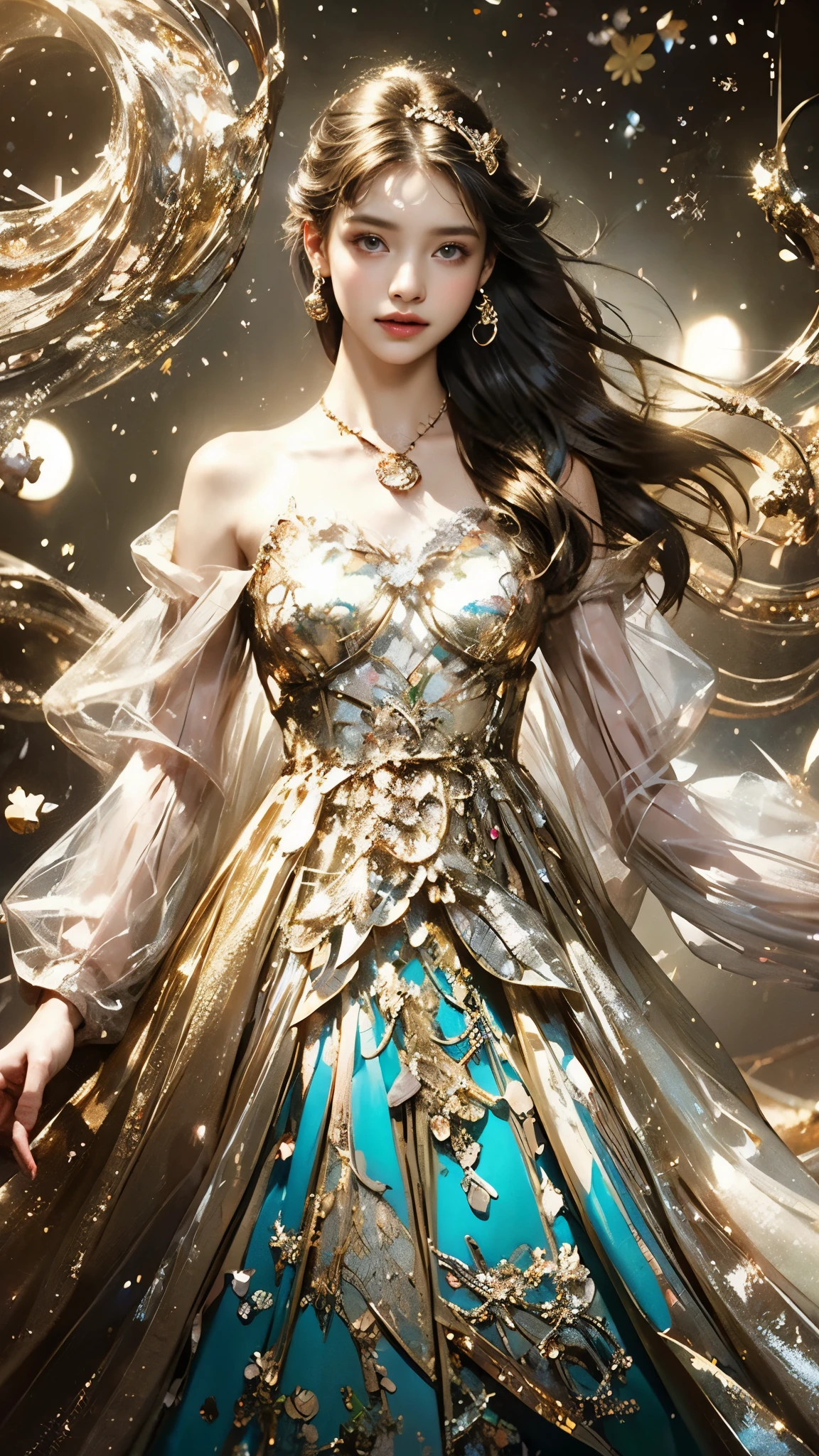 8K, ultra hd, masterpiece, 1 girl, (good face:1.4), detailed eyes, very long hair, impressive hairstyle, earings, necklace, small breasts, (golden dress:1.5), see-through, (fantasy dress:1.5) Light-colored foundation brings out the transparency of the skin, (in the wonderland:1.5), mystery, diwali lights, glowing lights, very decoration, The lights falls like water, perfect front body,