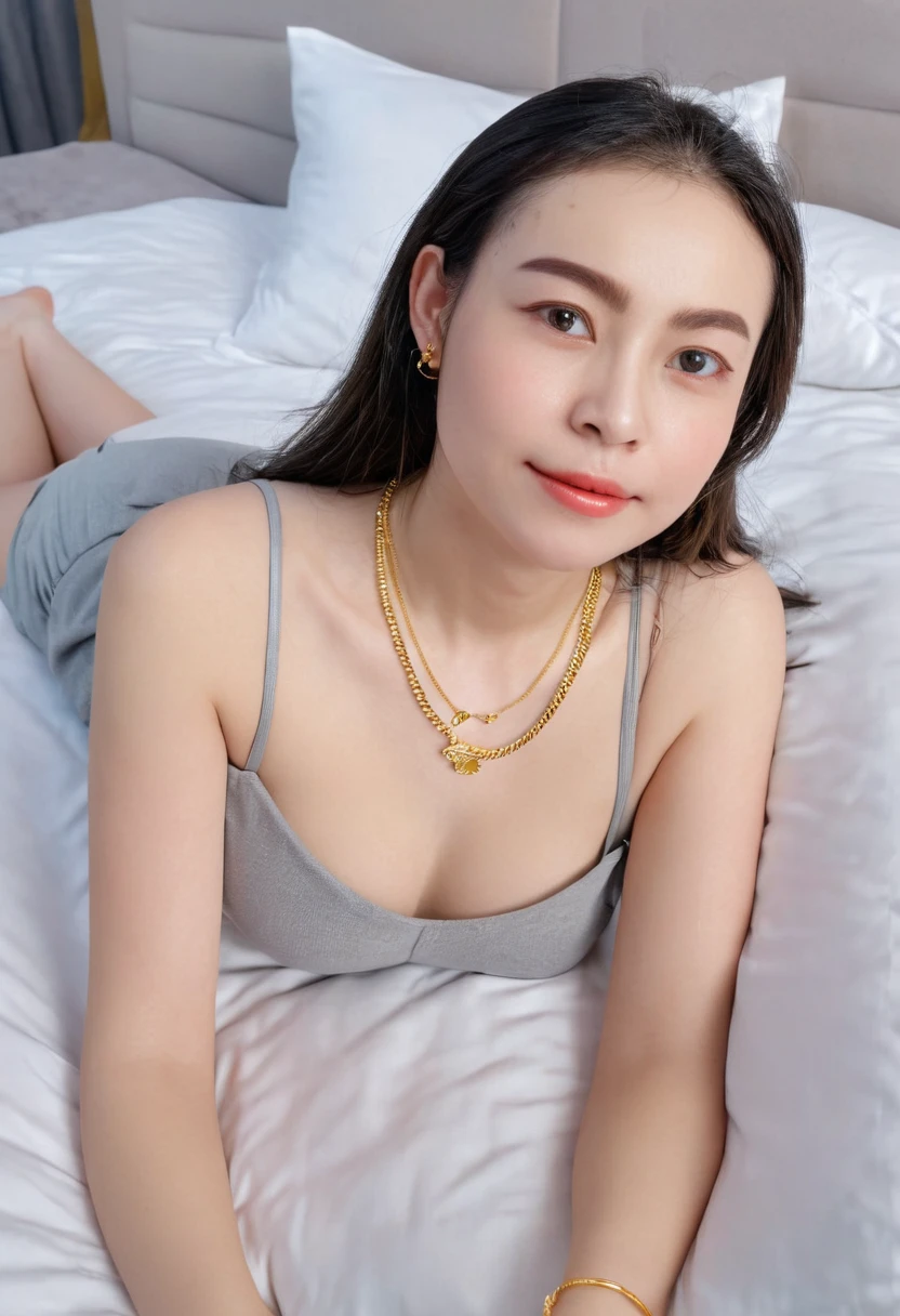 1 girl,8k, masterpiece,on bed, small gold necklace,lie down,full body